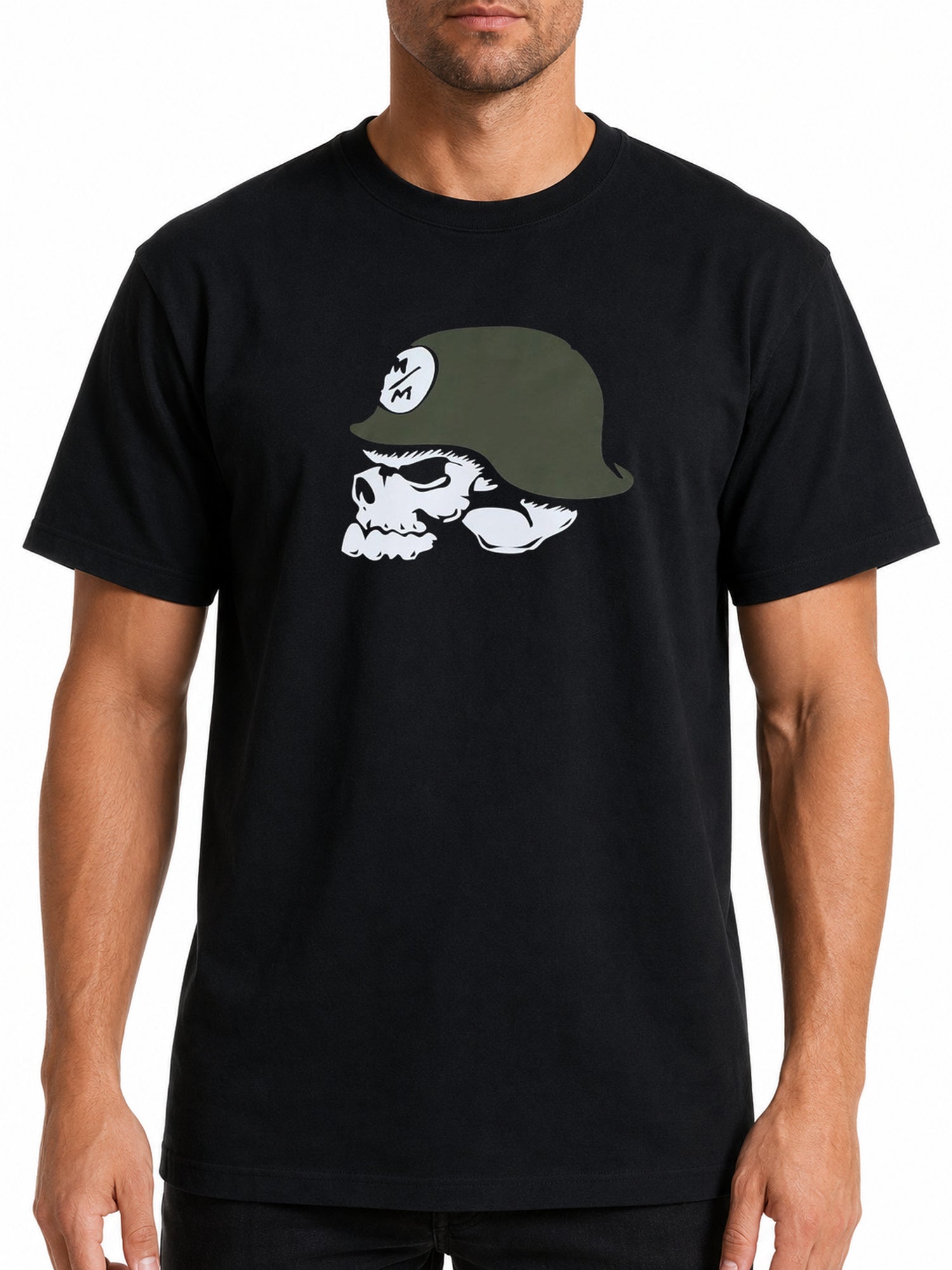 Metal Mulisha OG Helmet black T-shirt front model view with military helmet skull graphic