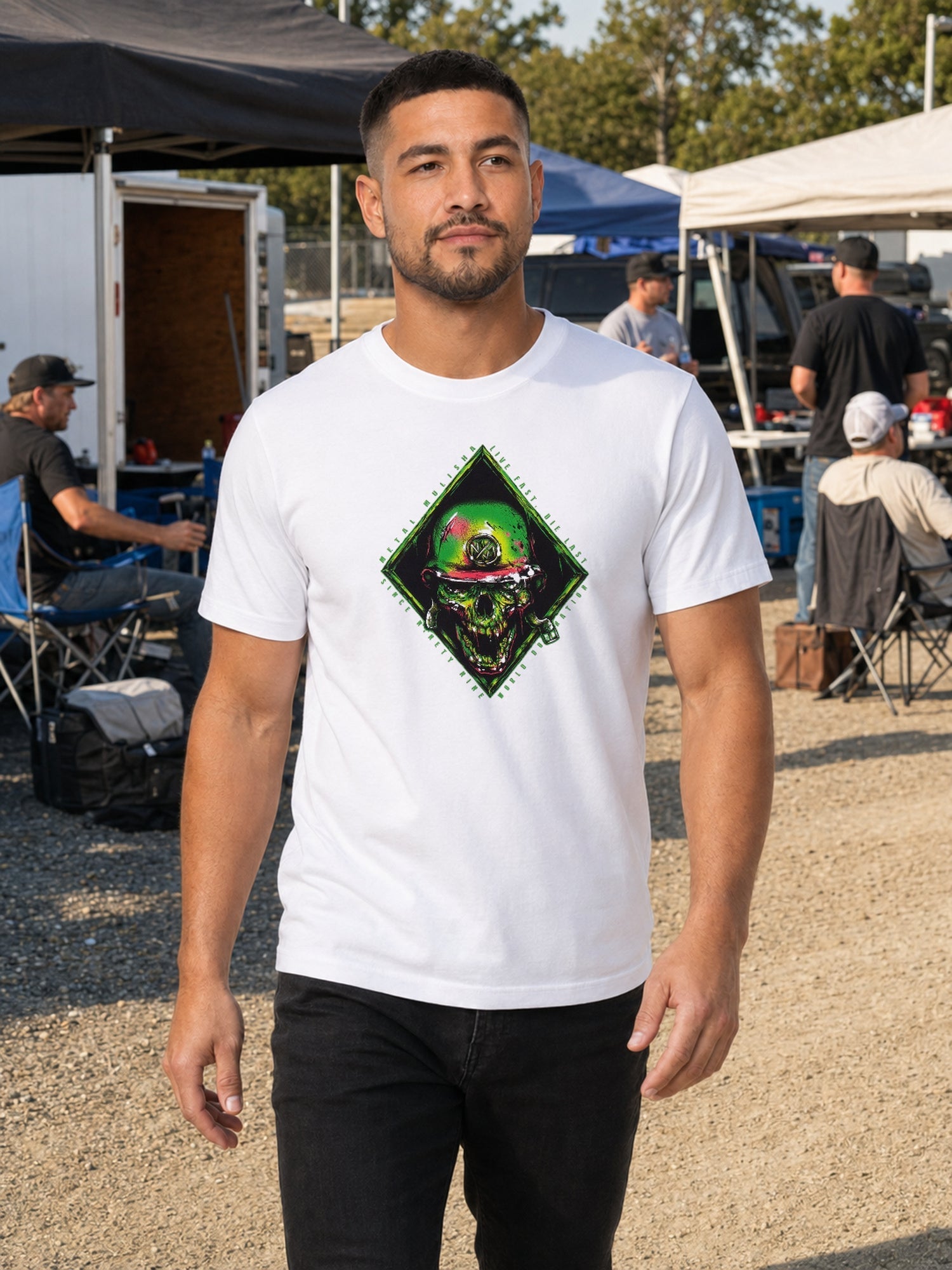 Metal Mulisha Ravage white T-shirt worn in a motocross event paddock