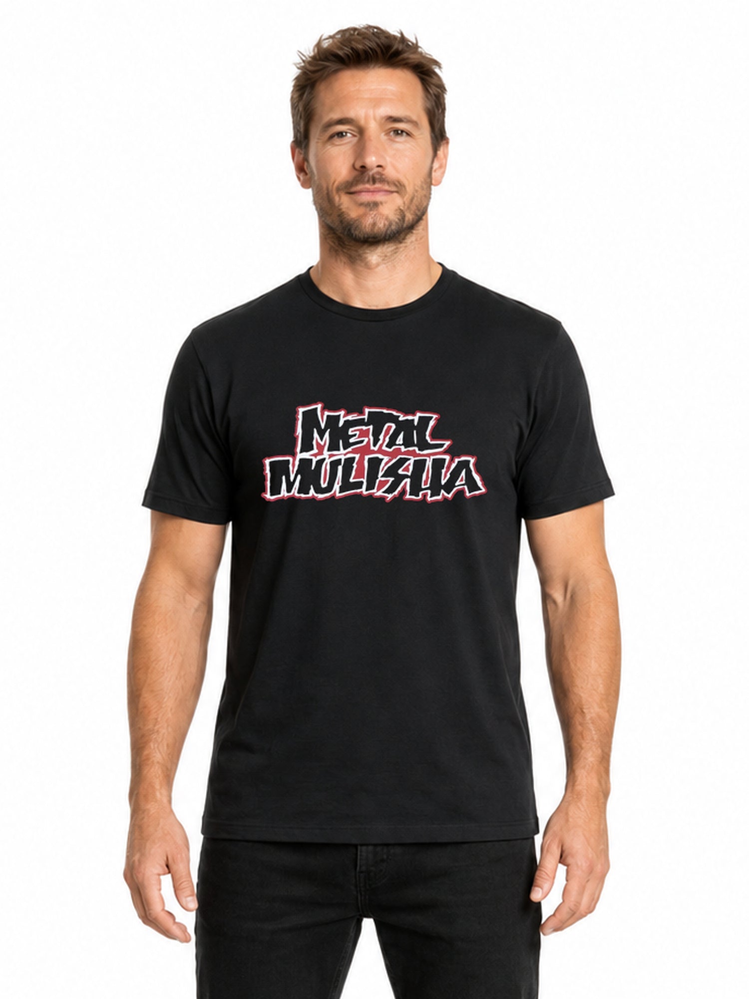 Metal Mulisha Script men's black T-shirt front model with red and white logo