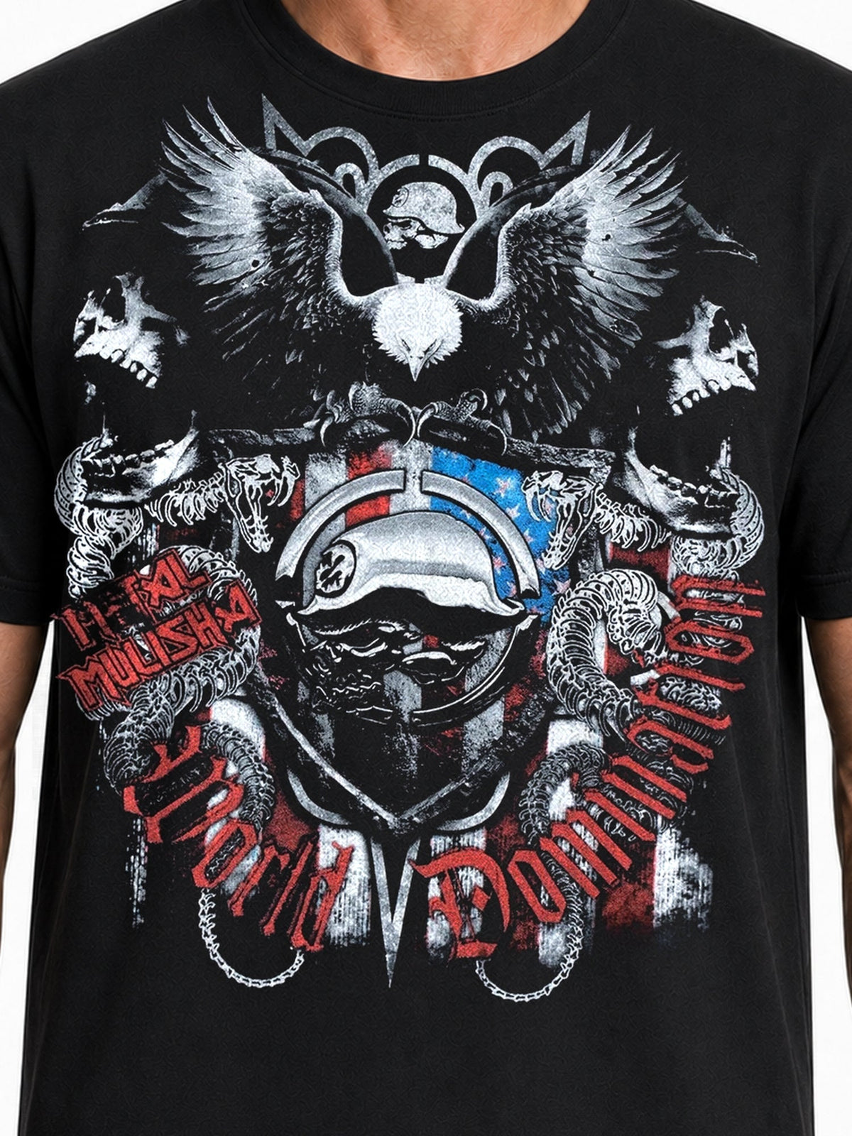 Metal Mulisha World Leader black T-shirt eagle helmet and skull front graphic detail