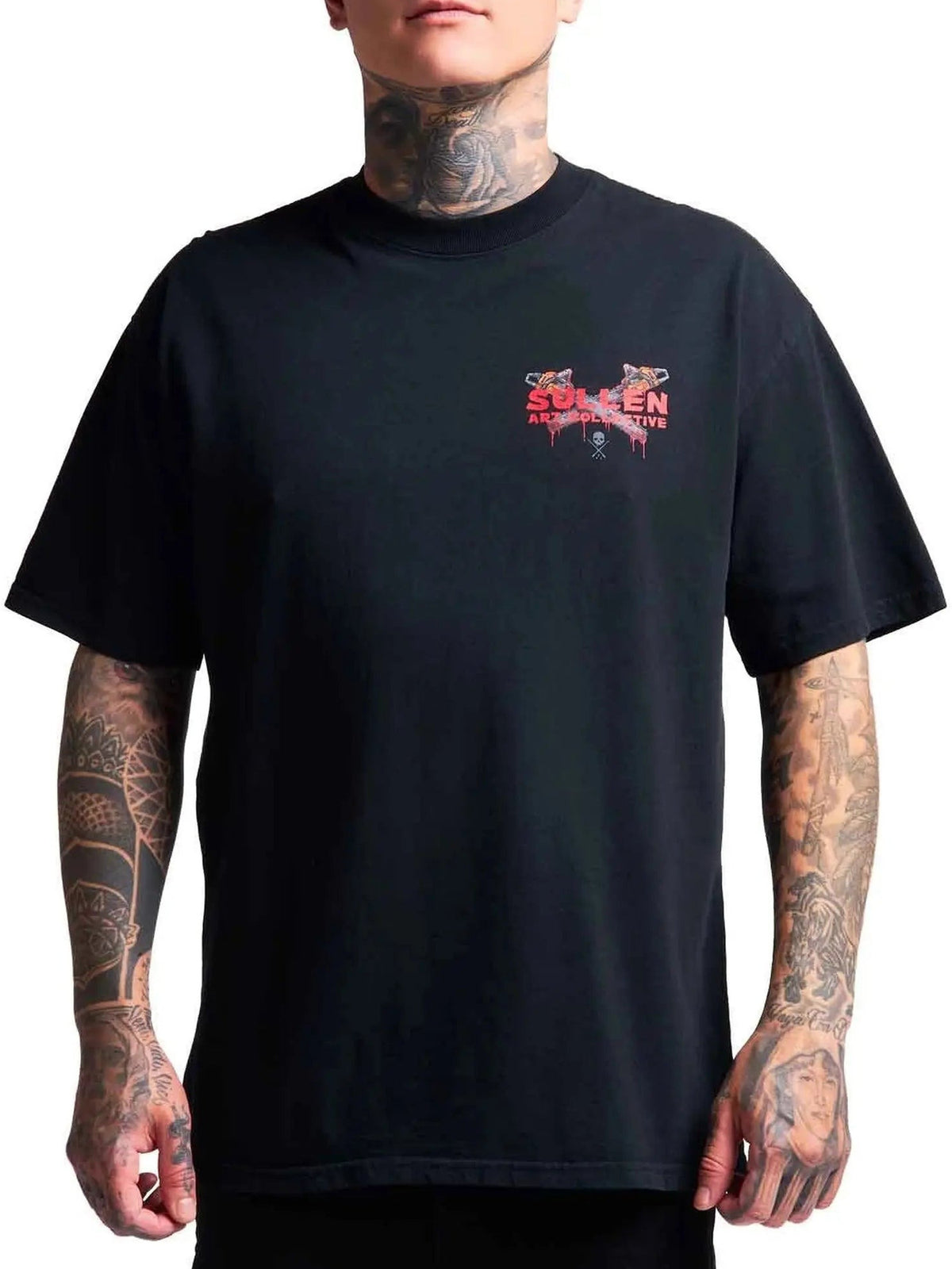 Front view of the Sullen Chainsaw Badge 1 Ton T-shirt with Sullen chest graphic