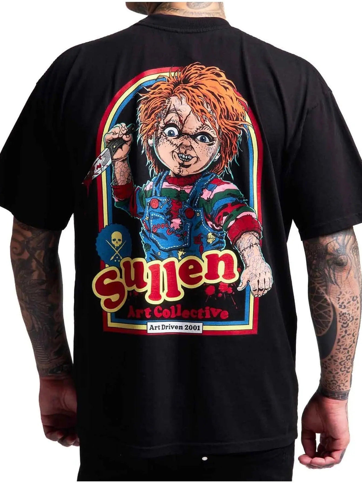 Back view of the Sullen Wanna Play 1 Ton T-shirt in Jet Black with killer doll artwork
