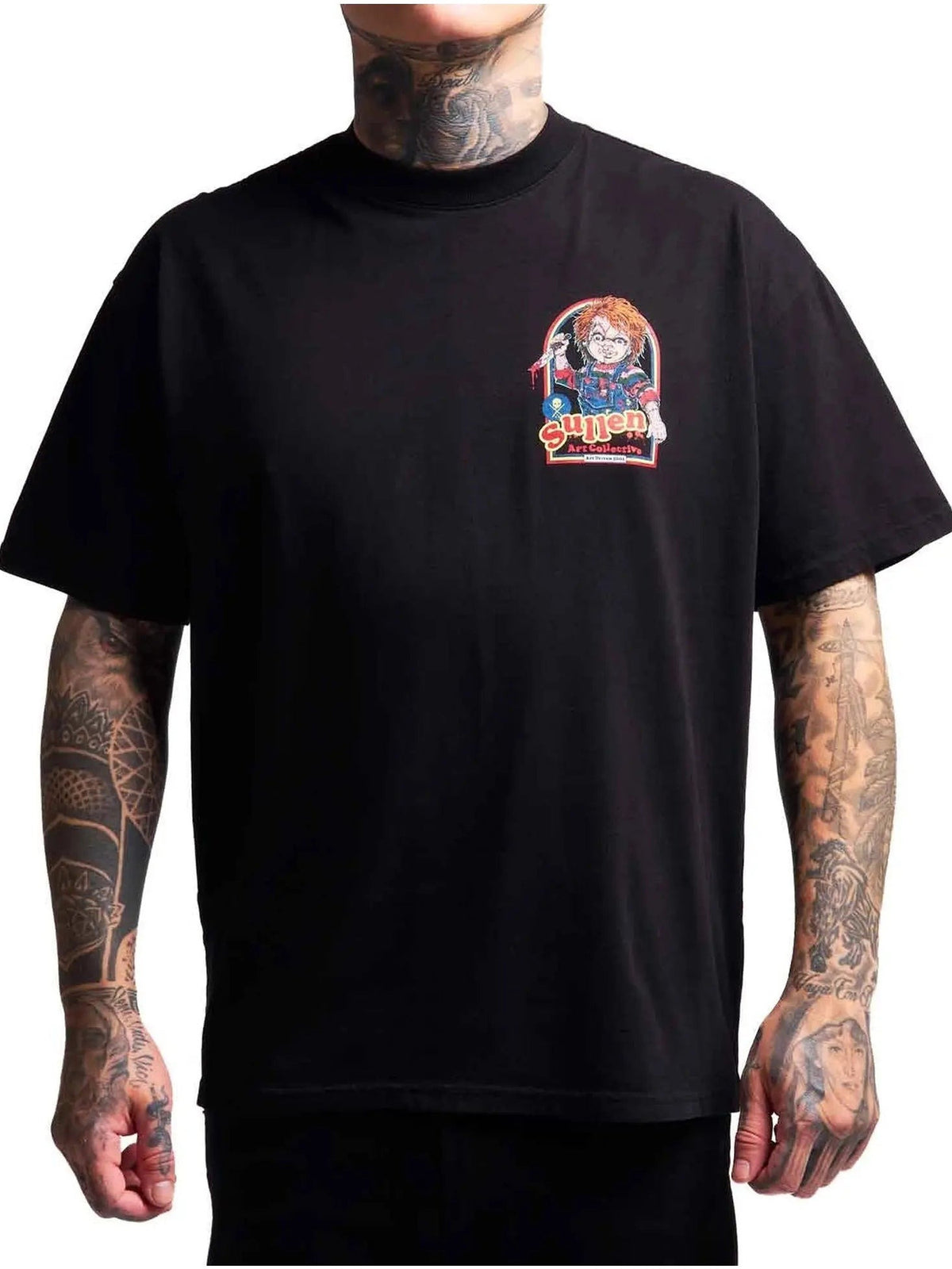 Front view of the Sullen Wanna Play 1 Ton T-shirt with small doll chest graphic