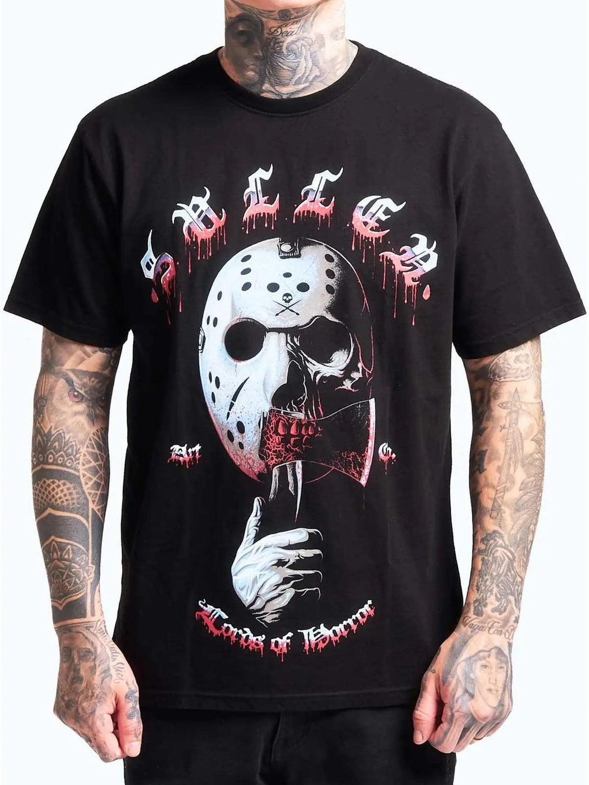 Front view of the Sullen Horror Icon J Premium T-shirt in Jet Black with Jason mask artwork