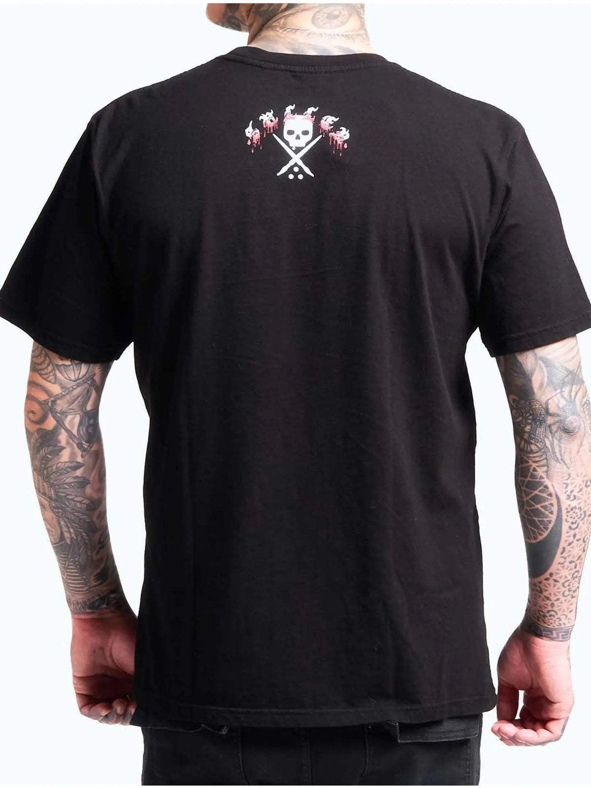 Back view of the Sullen Horror Icon J Premium T-shirt with small skull-and-blades graphic