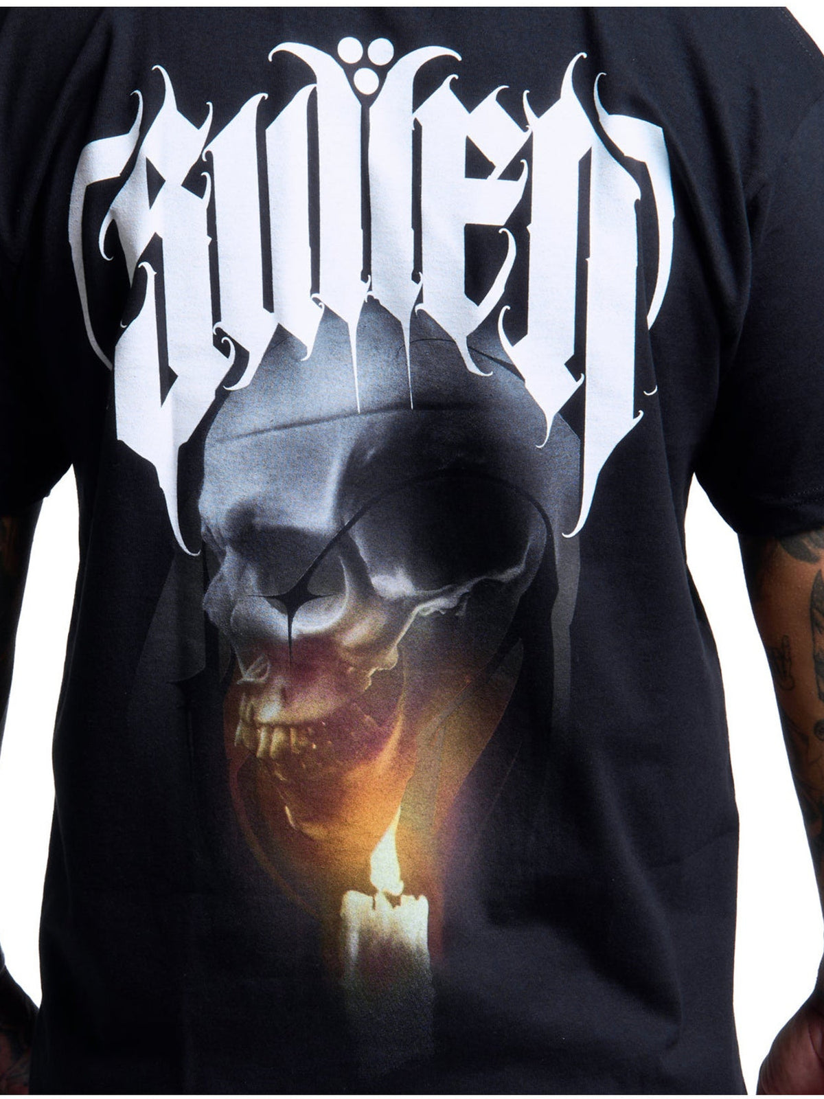 Close-up of the Last Light hooded skull and burning candle back artwork