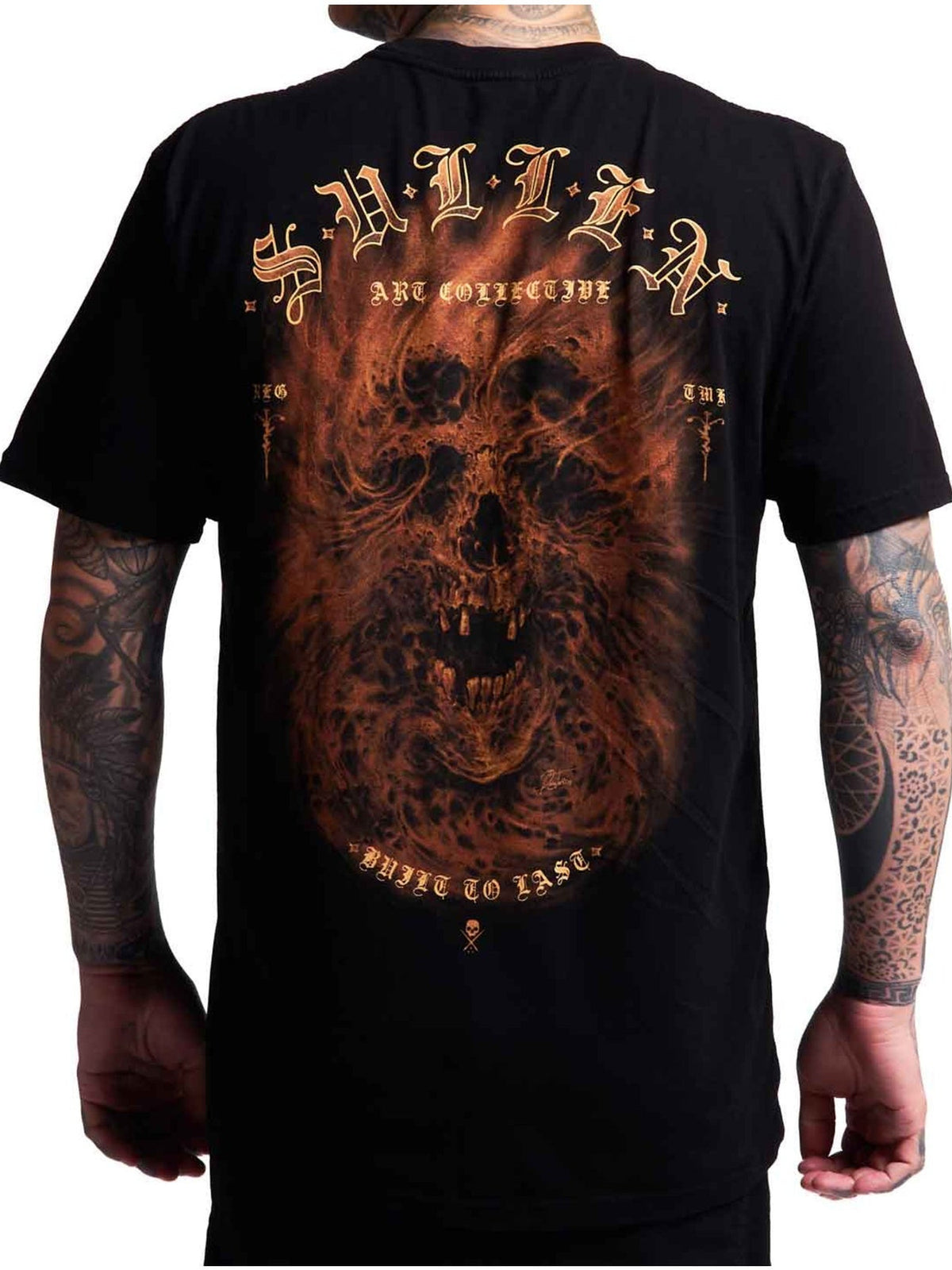 Straight-on back view of the Sullen Revenant graphic T-shirt showing the full copper spirit design