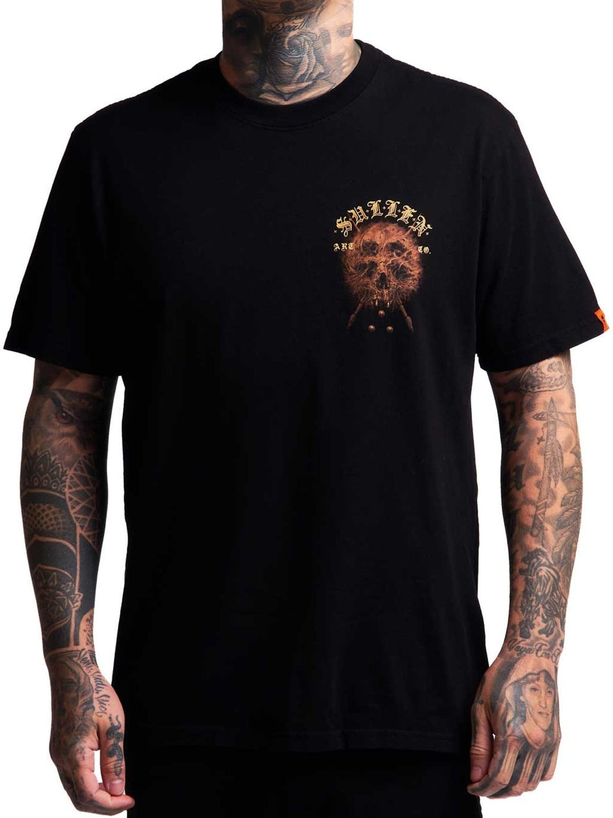 Straight-on front view of the Sullen Revenant Jet Black T-shirt with compact chest print