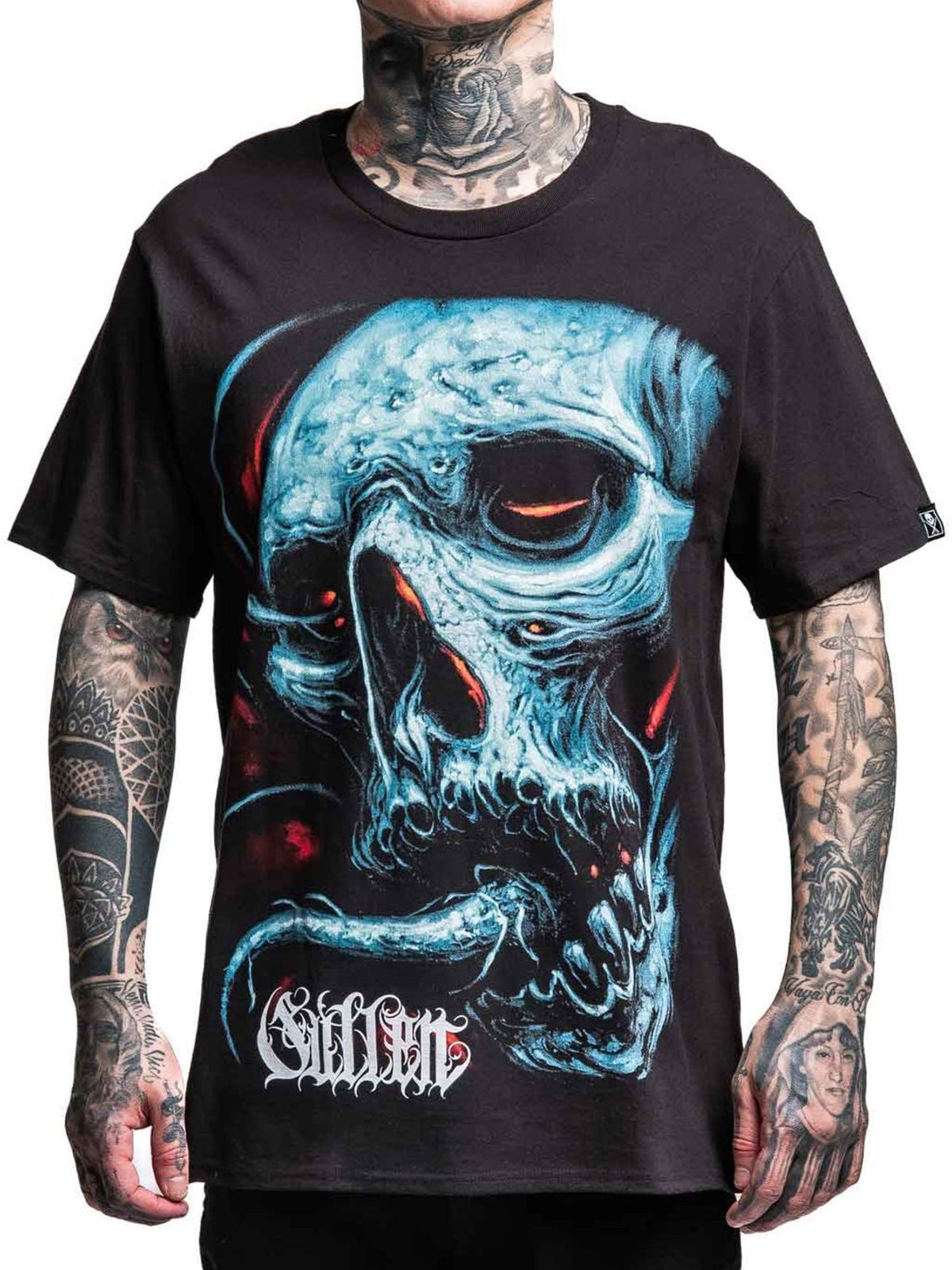 Straight-on front view of the Sullen Taste heavyweight T-shirt showing the full icy skull design