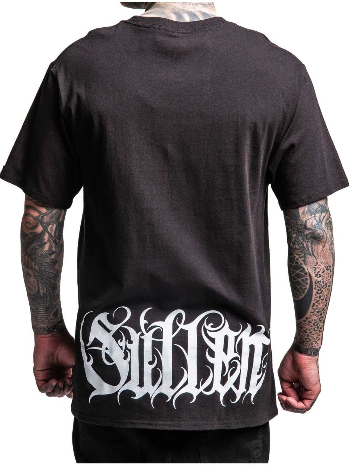 Straight-on back view of the Sullen Taste Caviar T-shirt with oversized lower-back script