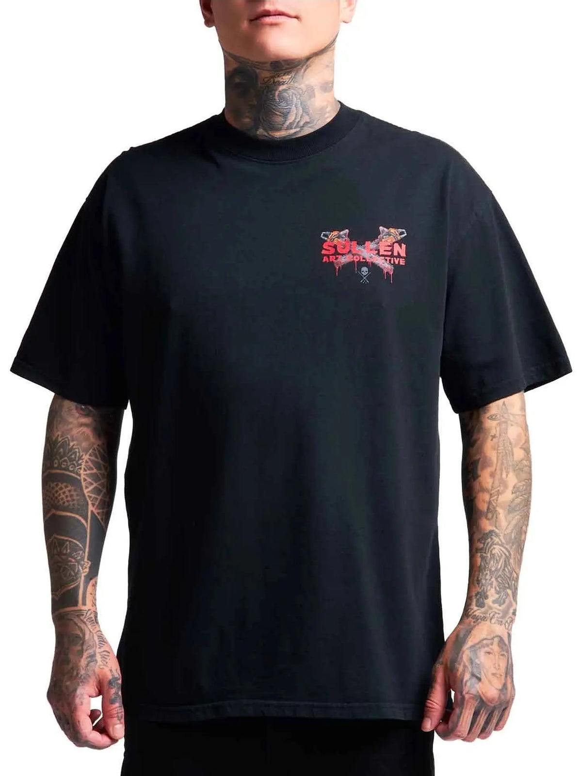 Front view of the Sullen Chainsaw Badge 1 Ton T-shirt with Sullen chest graphic