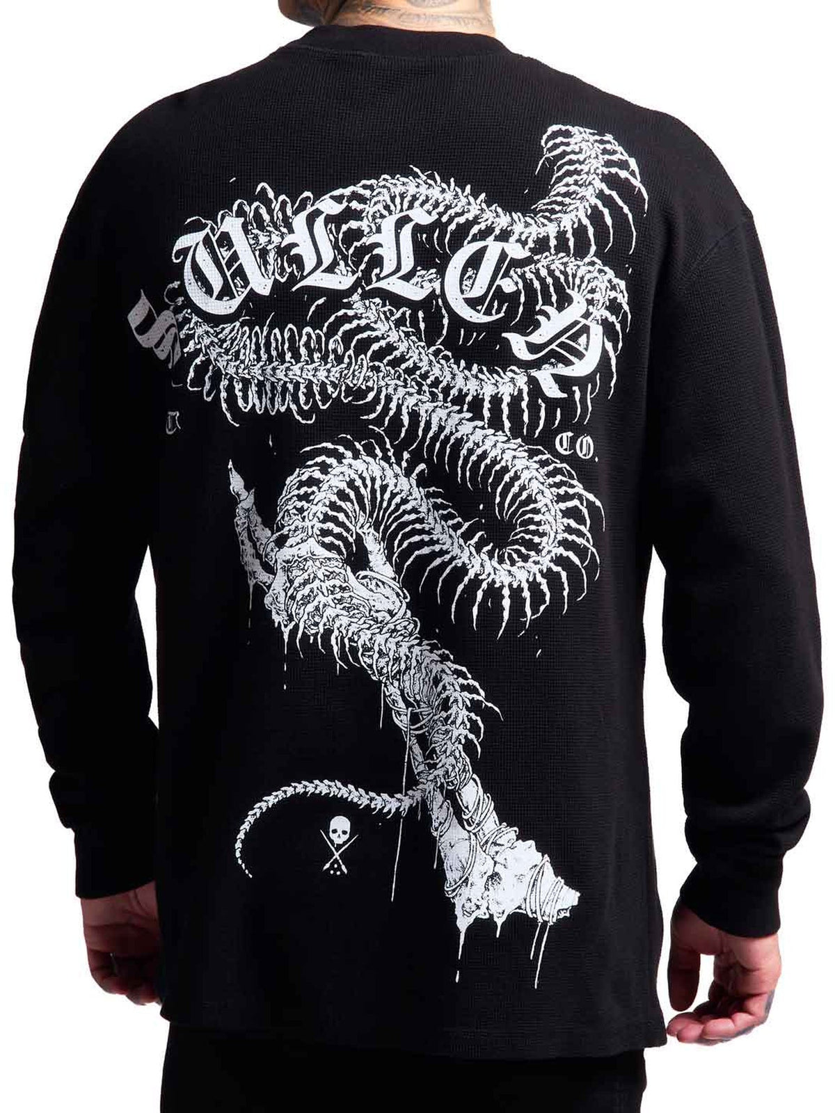 Sullen Cold Venom black thermal, full back with coiled skeletal creature and Gothic lettering