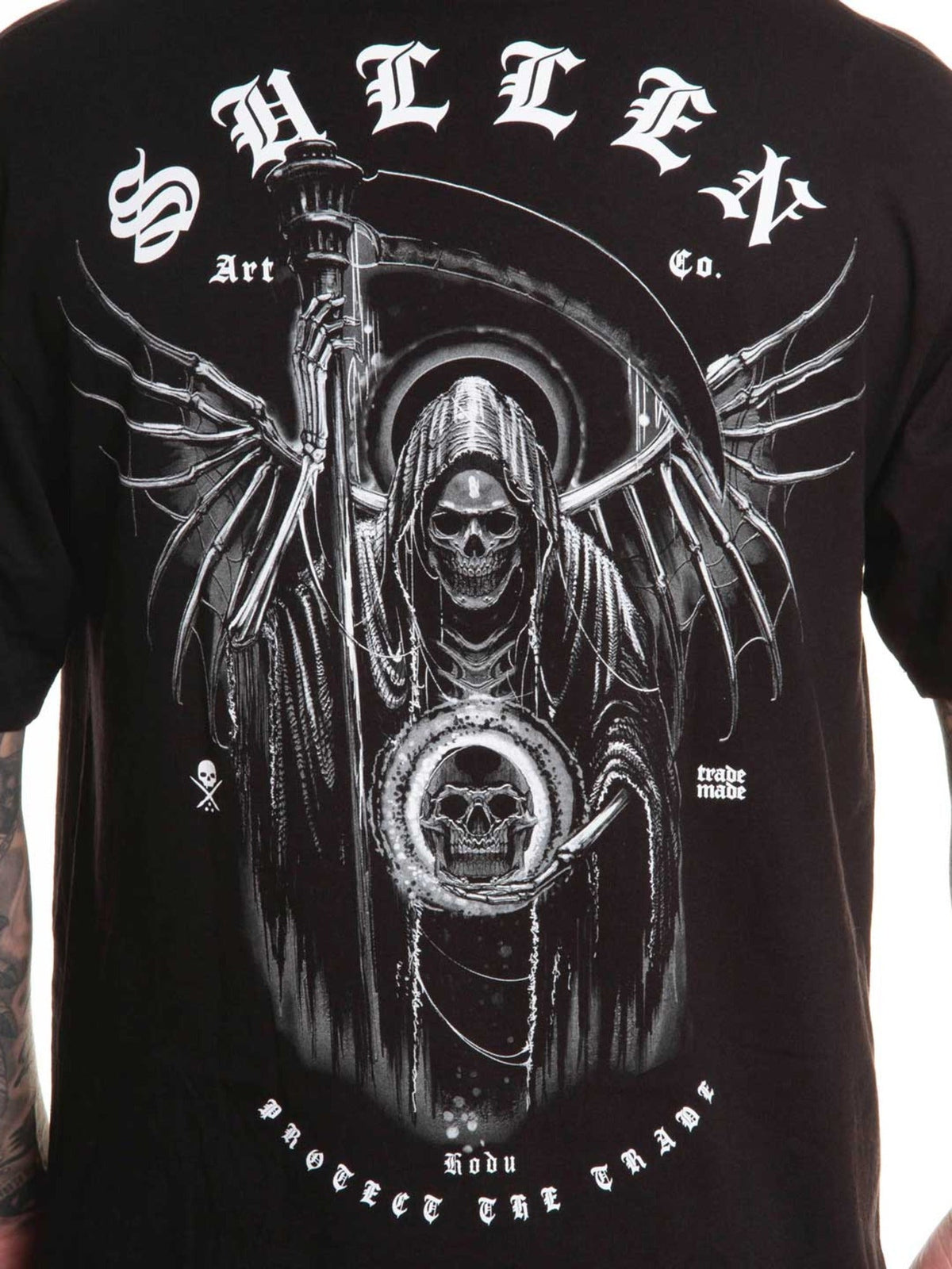 Close-up of the HODU grim reaper back artwork on the Sullen premium tee