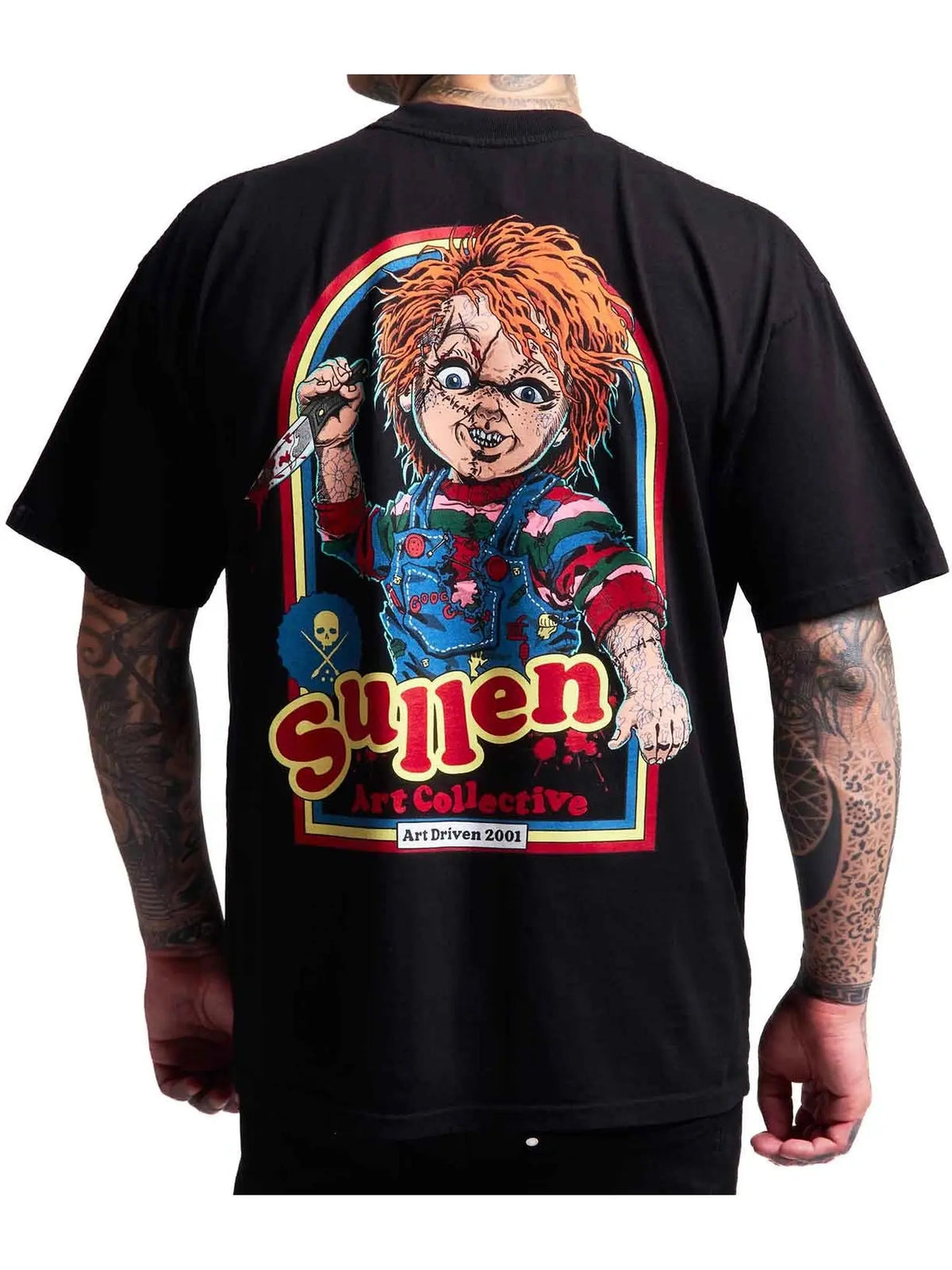 Back view of the Sullen Wanna Play 1 Ton T-shirt in Jet Black with killer doll artwork