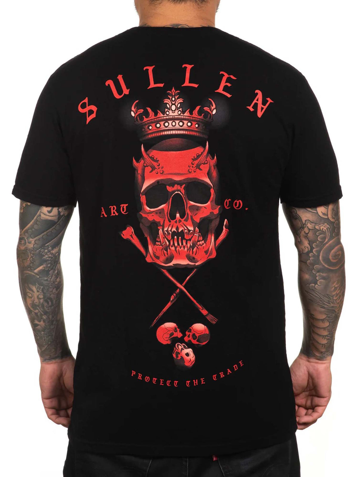 Back view of Sullen Fires Premium T-shirt in Jet Black with dark red Sullen badge artwork