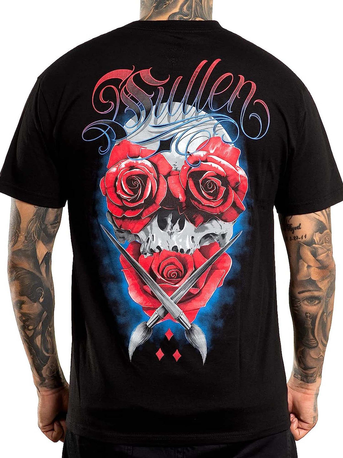 Back view of Sullen The Roses Standard T-shirt in black with skull and red rose artwork