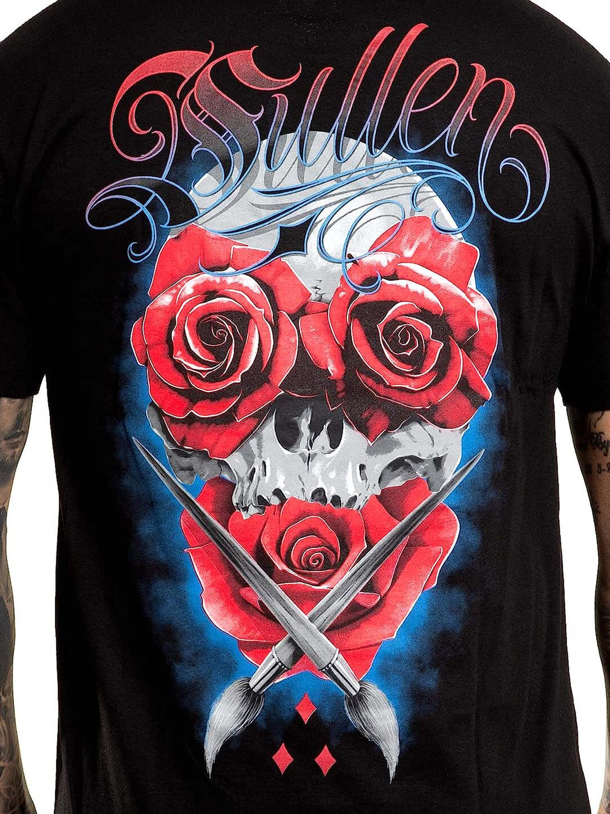 Close-up of skull and red rose artwork on Sullen The Roses T-shirt