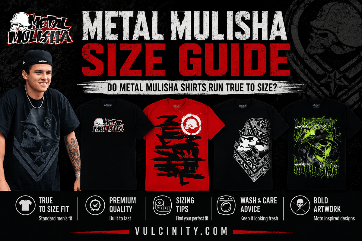 Metal Mulisha size guide featuring authentic graphic tees and moto-inspired streetwear