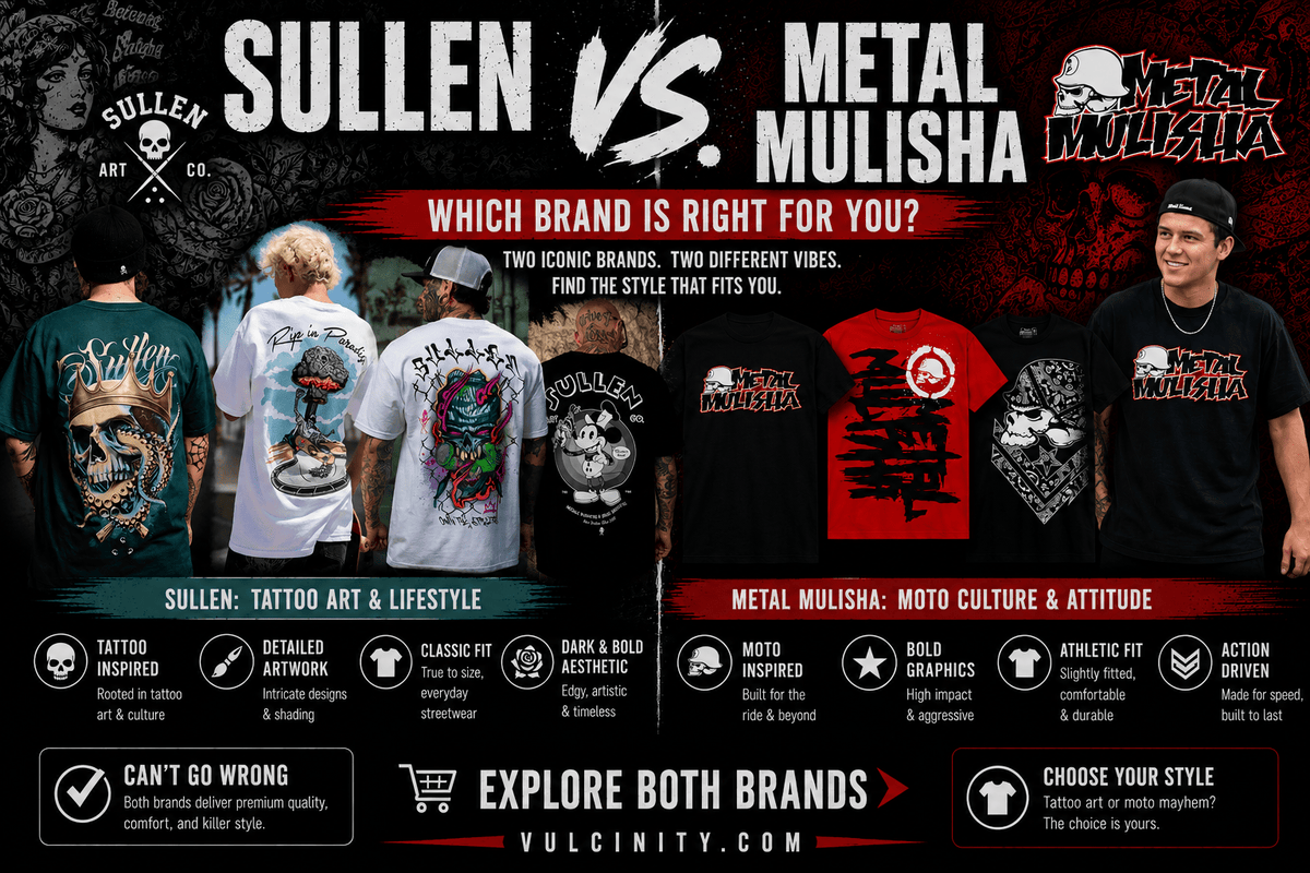 Sullen vs Metal Mulisha comparison featuring tattoo-inspired and moto-style graphic apparel