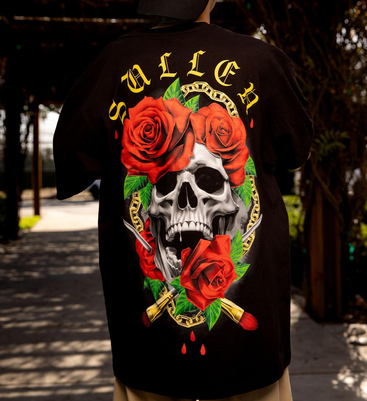 Tattoo-inspired skull graphic T-shirt featured in Vulcinity's skull shirt style guide