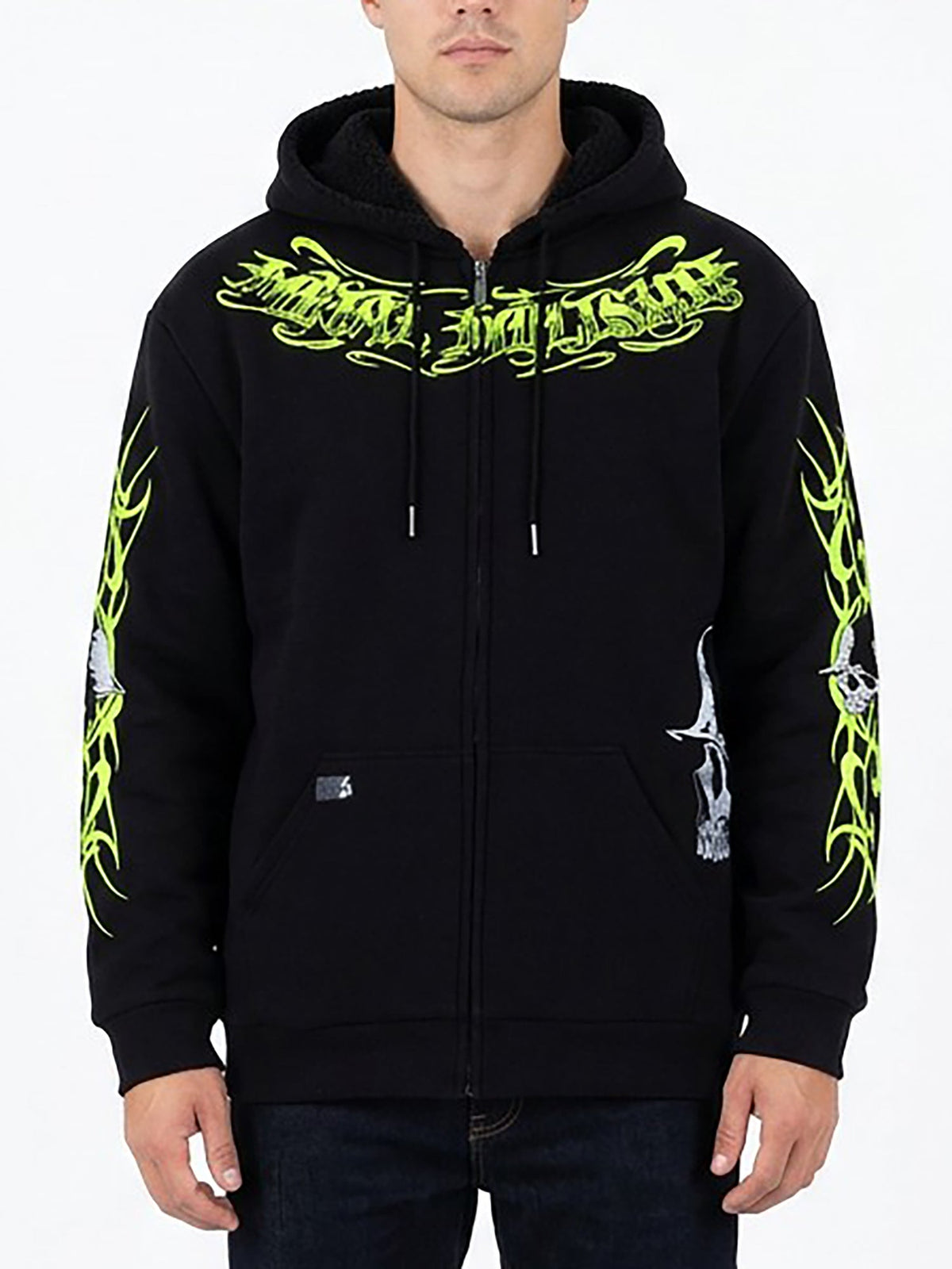 Metal Mulisha Summon black sherpa zip hoodie with chest and sleeve artwork