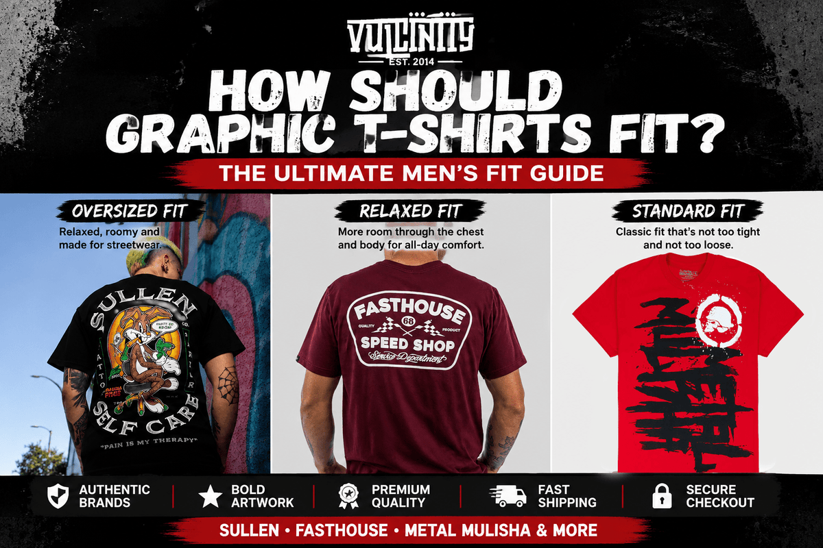 Men wearing graphic t-shirts showing different streetwear fits including regular, relaxed, and oversized styles