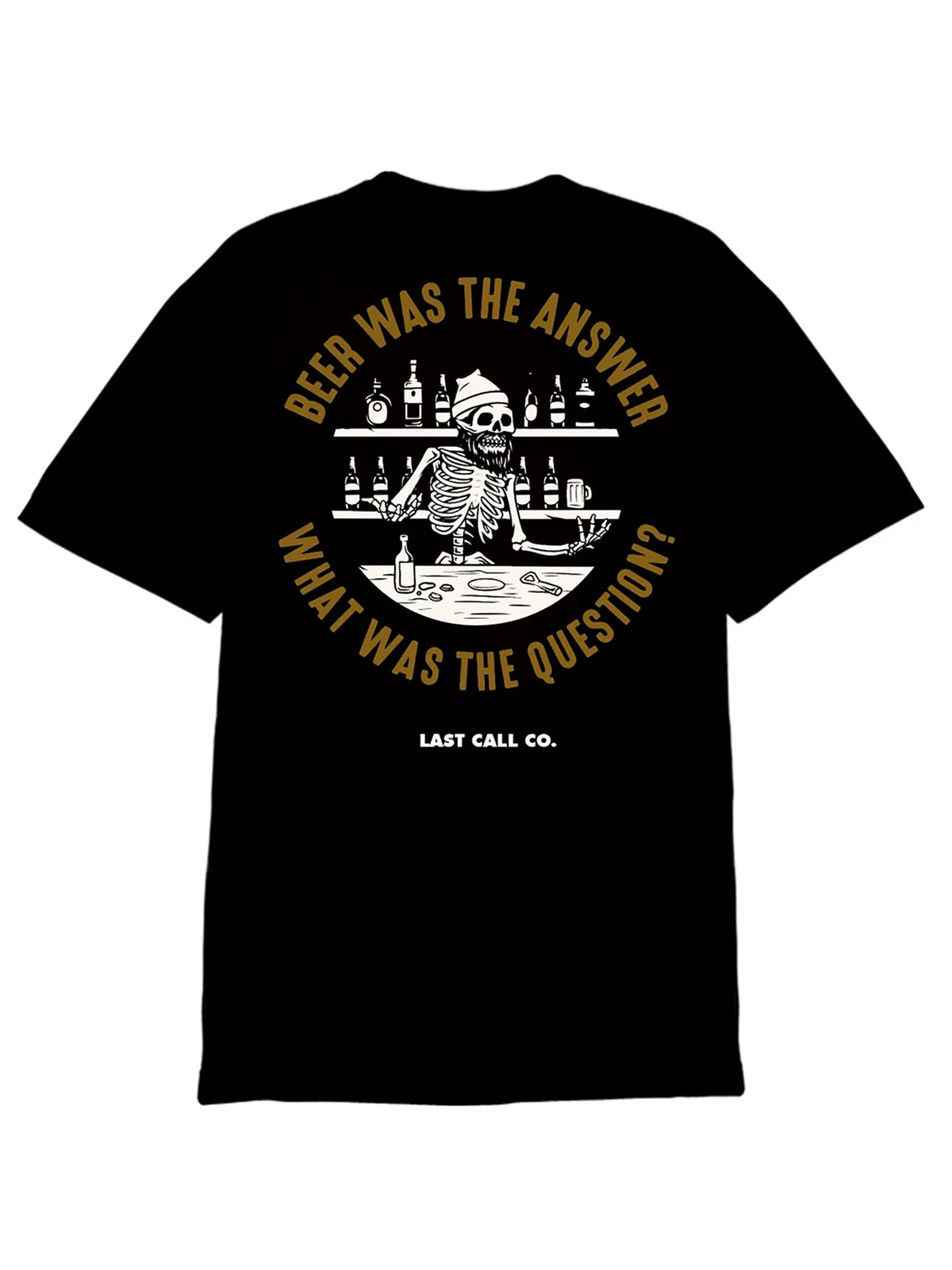 Last Call Co Answer Graphic T-Shirt Black flat back view featuring skeletal hand holding a telephone and Death May Be Calling artwork