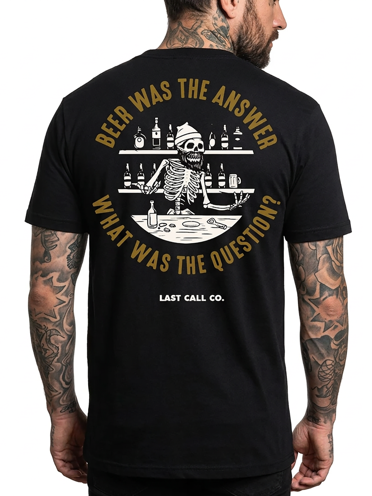 Last Call Co Answer Graphic T-Shirt Black on-model back view featuring skeletal hand holding a telephone and Death May Be Calling back graphic