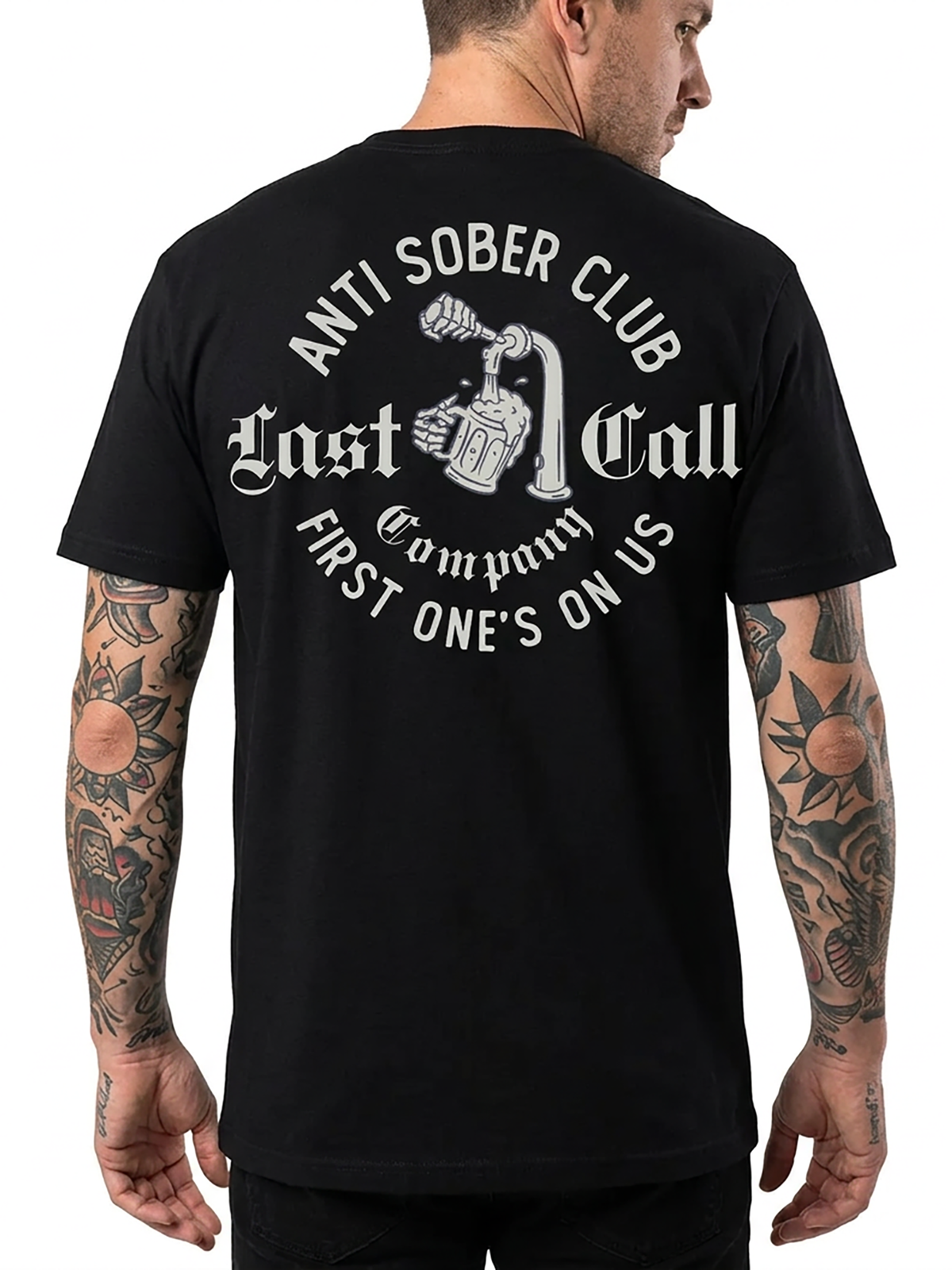 Last Call Co Anti Sober Badge Graphic T-Shirt Black on-model back view featuring skeleton tombstone and Anti Sober Club back graphic