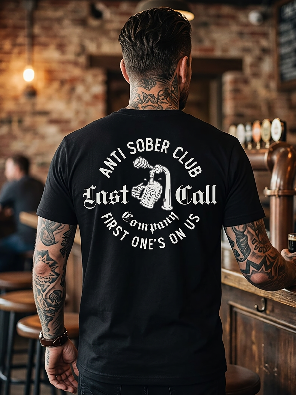 Last Call Co Anti Sober Badge Graphic T-Shirt Black lifestyle back view featuring skeleton tombstone and Anti Sober Club back graphic