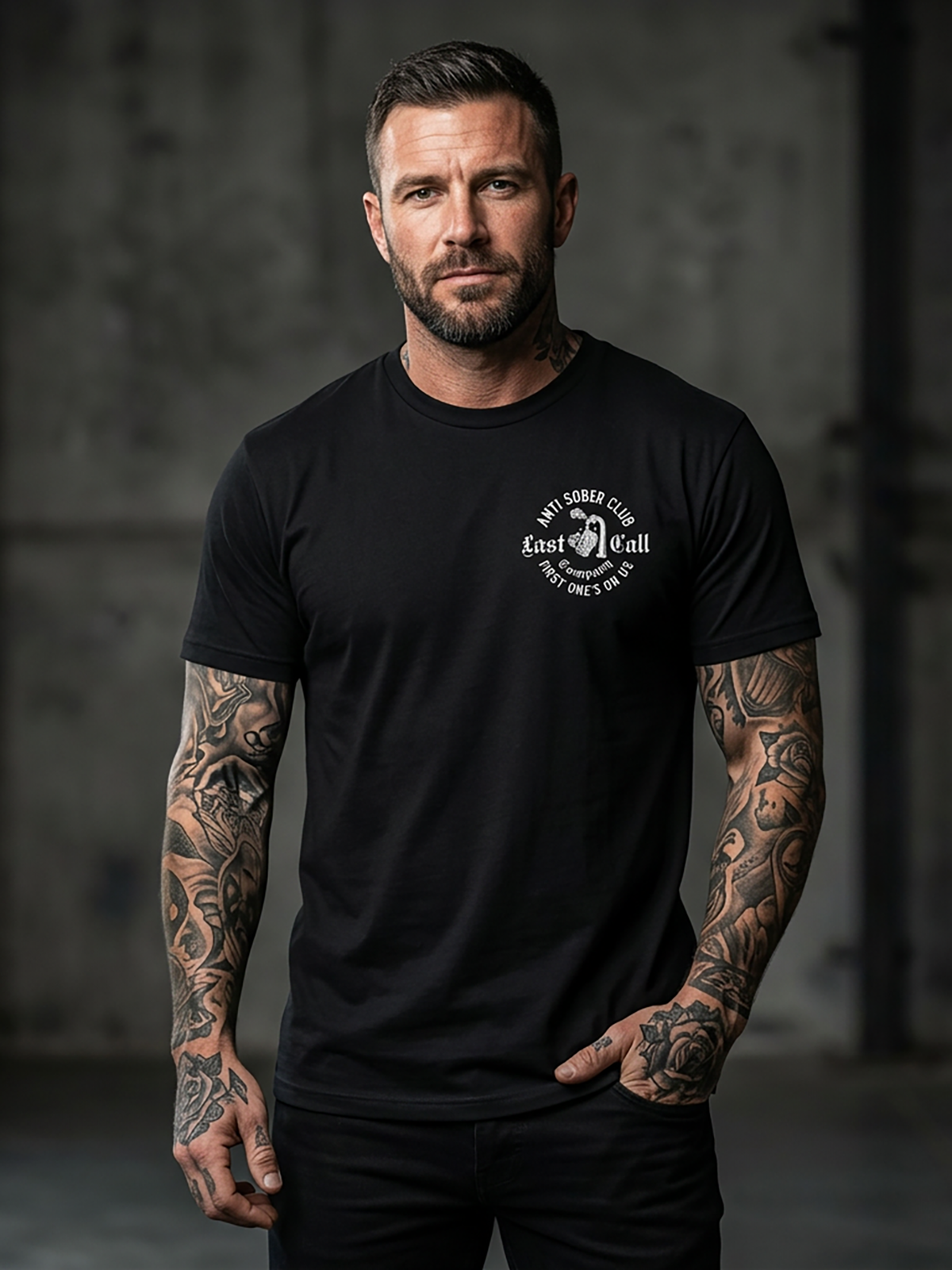 Last Call Co Anti Sober Badge Graphic T-Shirt Black lifestyle front view showing the chest graphic