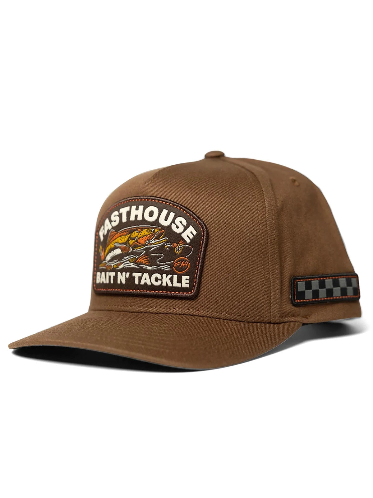 Fasthouse Men's Baited Snapback Hat in Brown, front three-quarter view