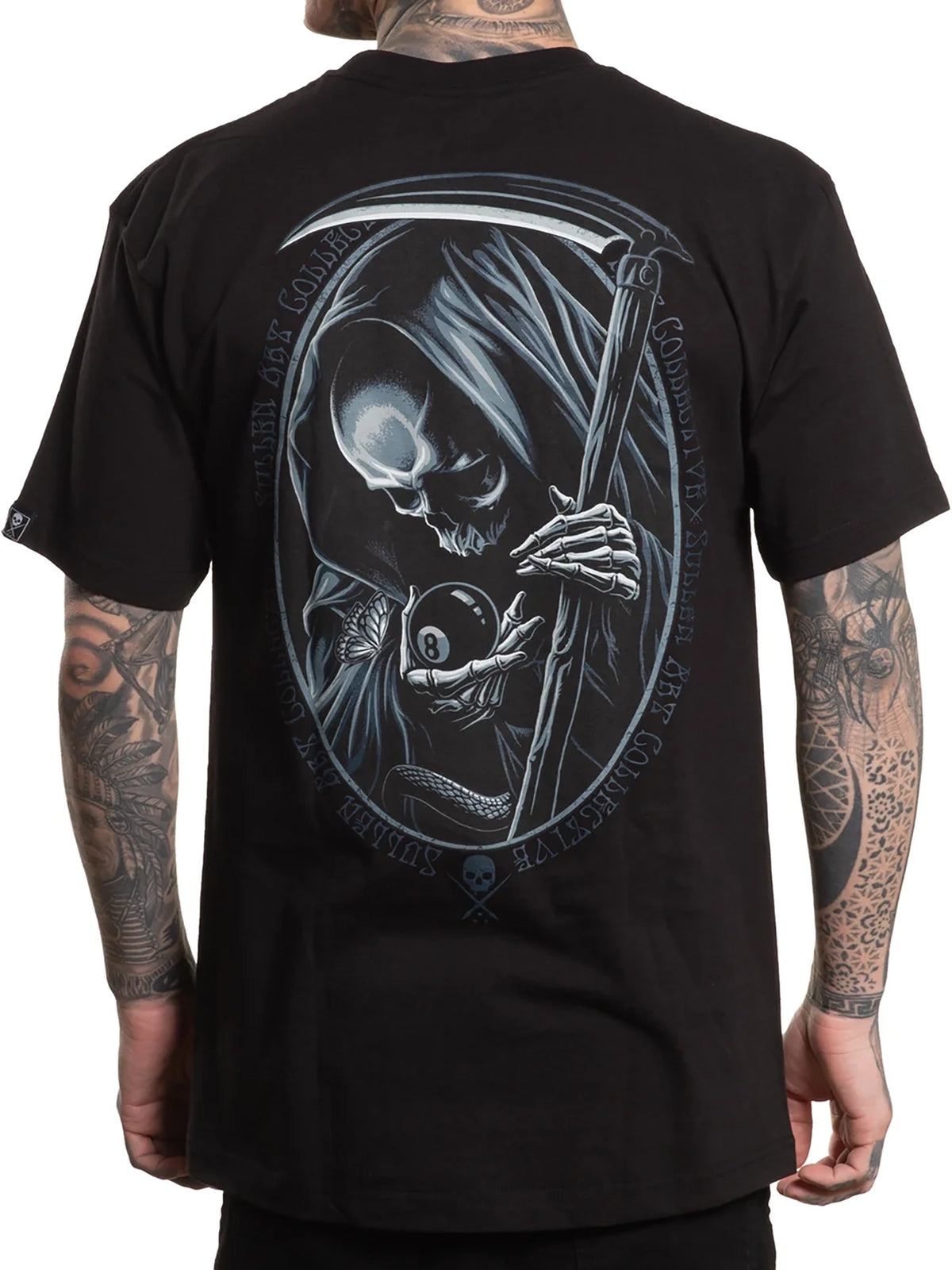 Back view of Sullen Behind the 8 Standard T-shirt in black with grim reaper and 8 ball artwork