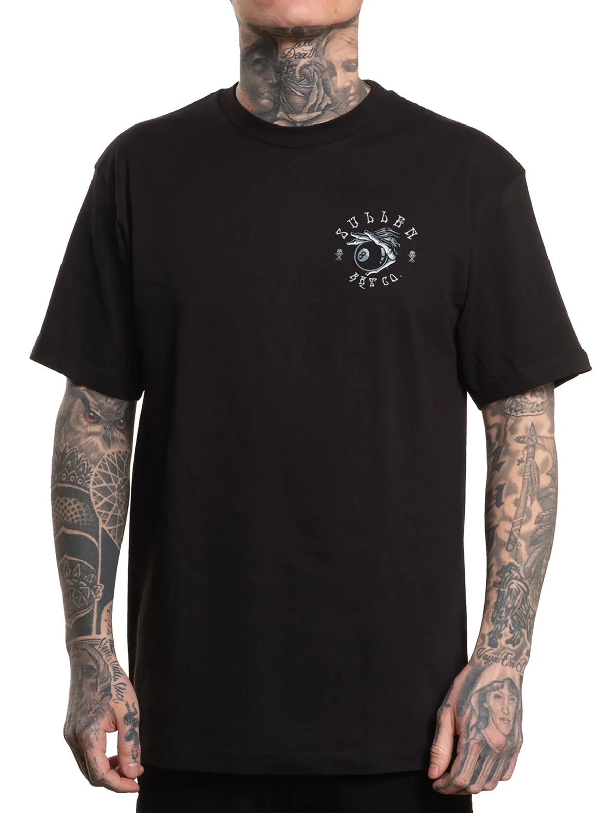 Front view of Sullen Behind the 8 Standard T-shirt with small all-seeing-eye chest graphic