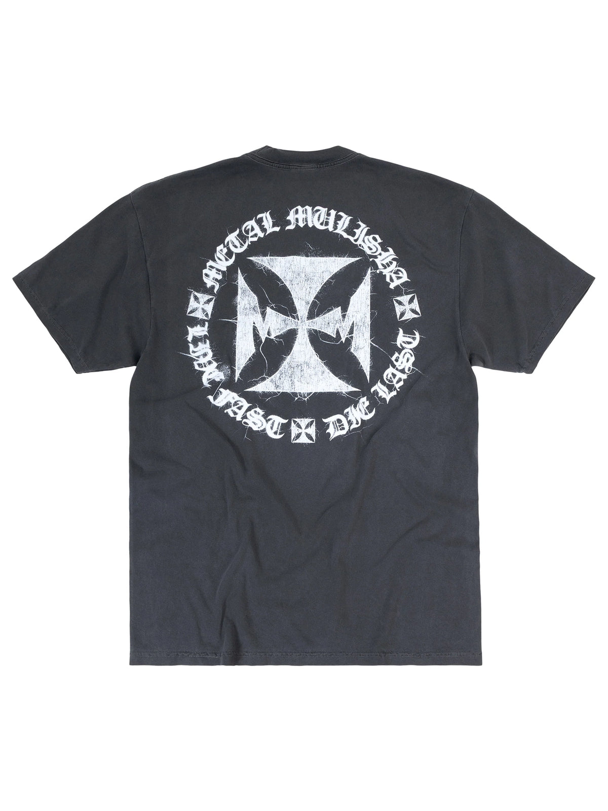 Metal Mulisha Blacklist pigment-dye T-shirt, back view with a large white MM Cross emblem and circular lettering