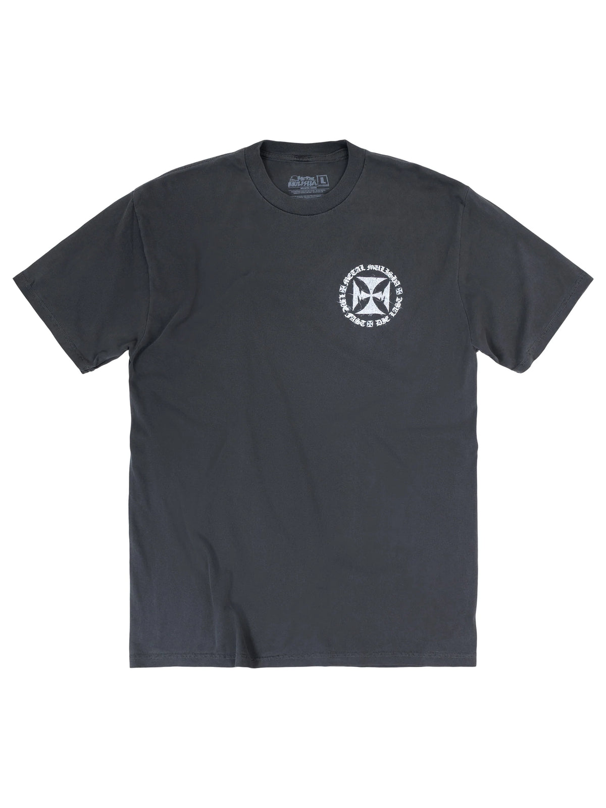 Metal Mulisha Blacklist pigment-dye T-shirt, front view with a small white MM Cross emblem on the left chest
