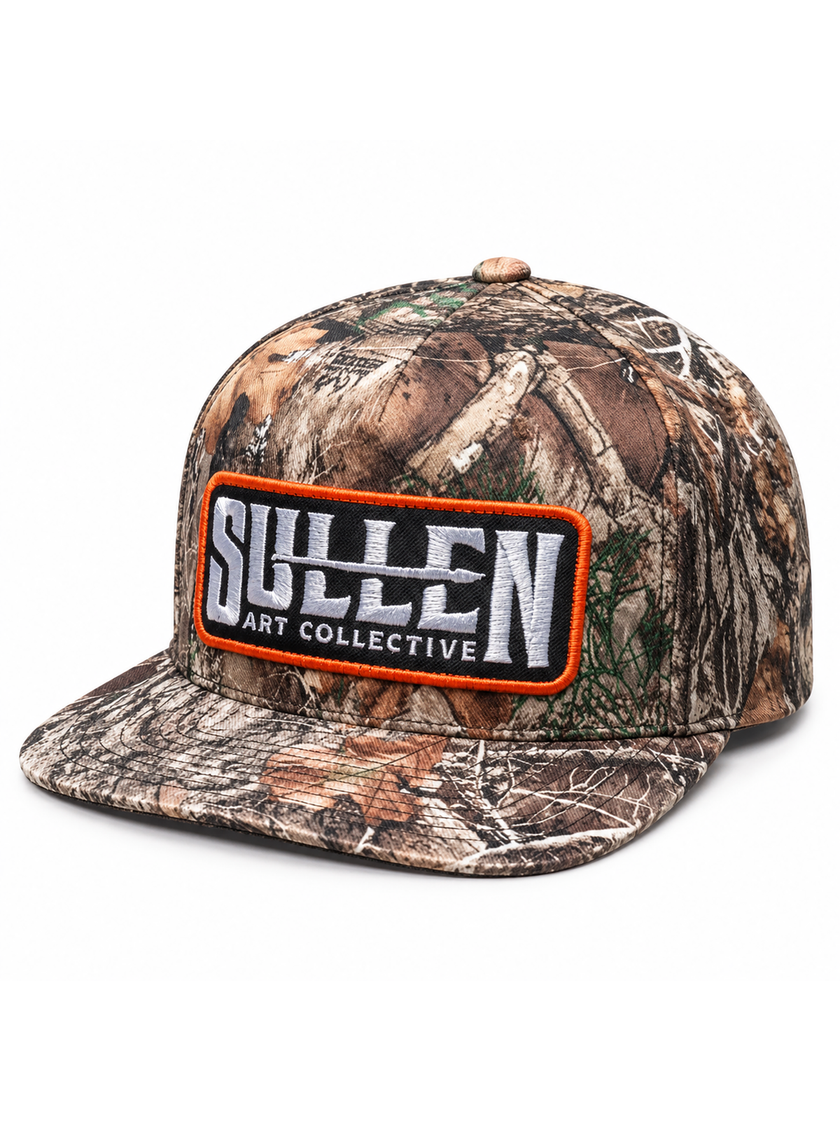 Sullen Blind camo and orange snapback hat with embroidered Sullen Art Collective logo patch