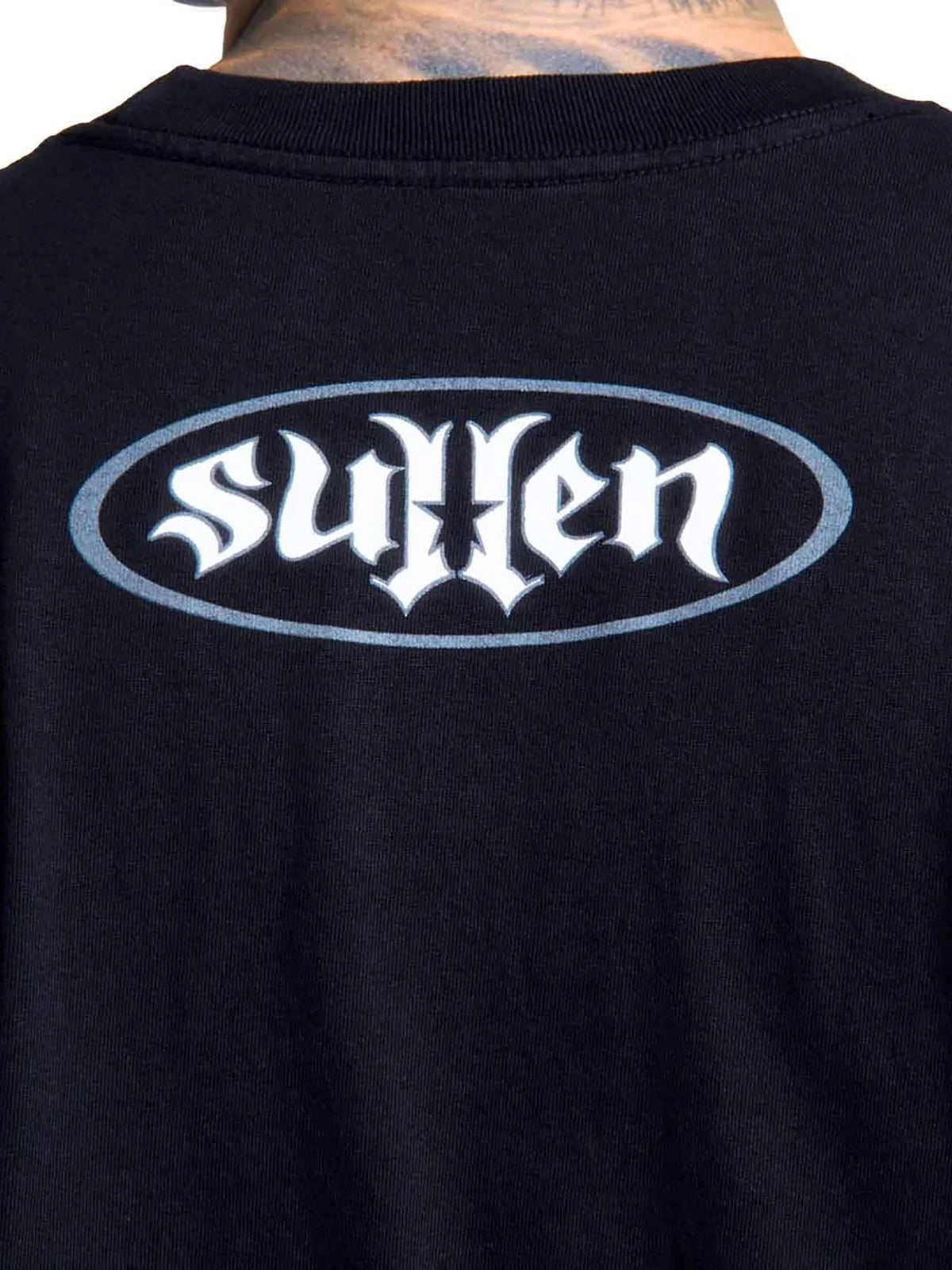 Close-up of small Sullen back graphic on Jet Black Bone Thug 1 Ton T-shirt