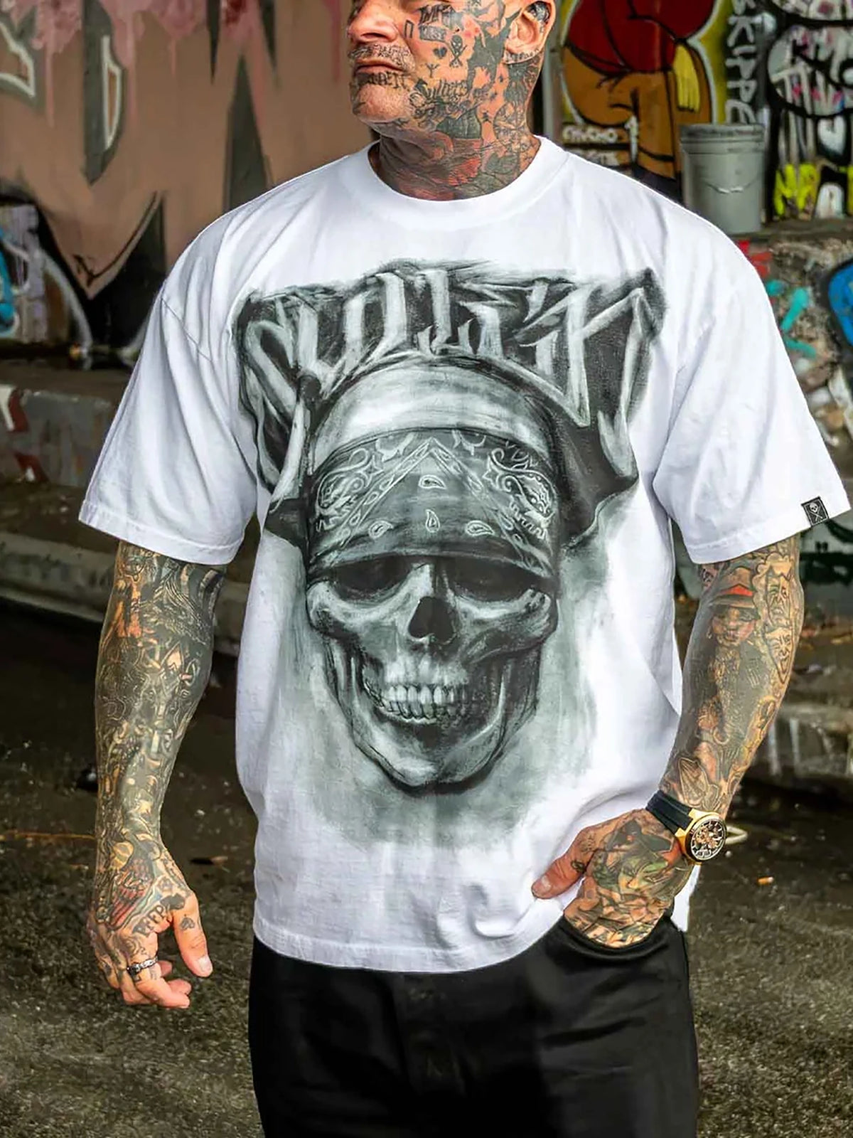 Male model wearing White Sullen Bone Thug 1 Ton T-shirt - front view
