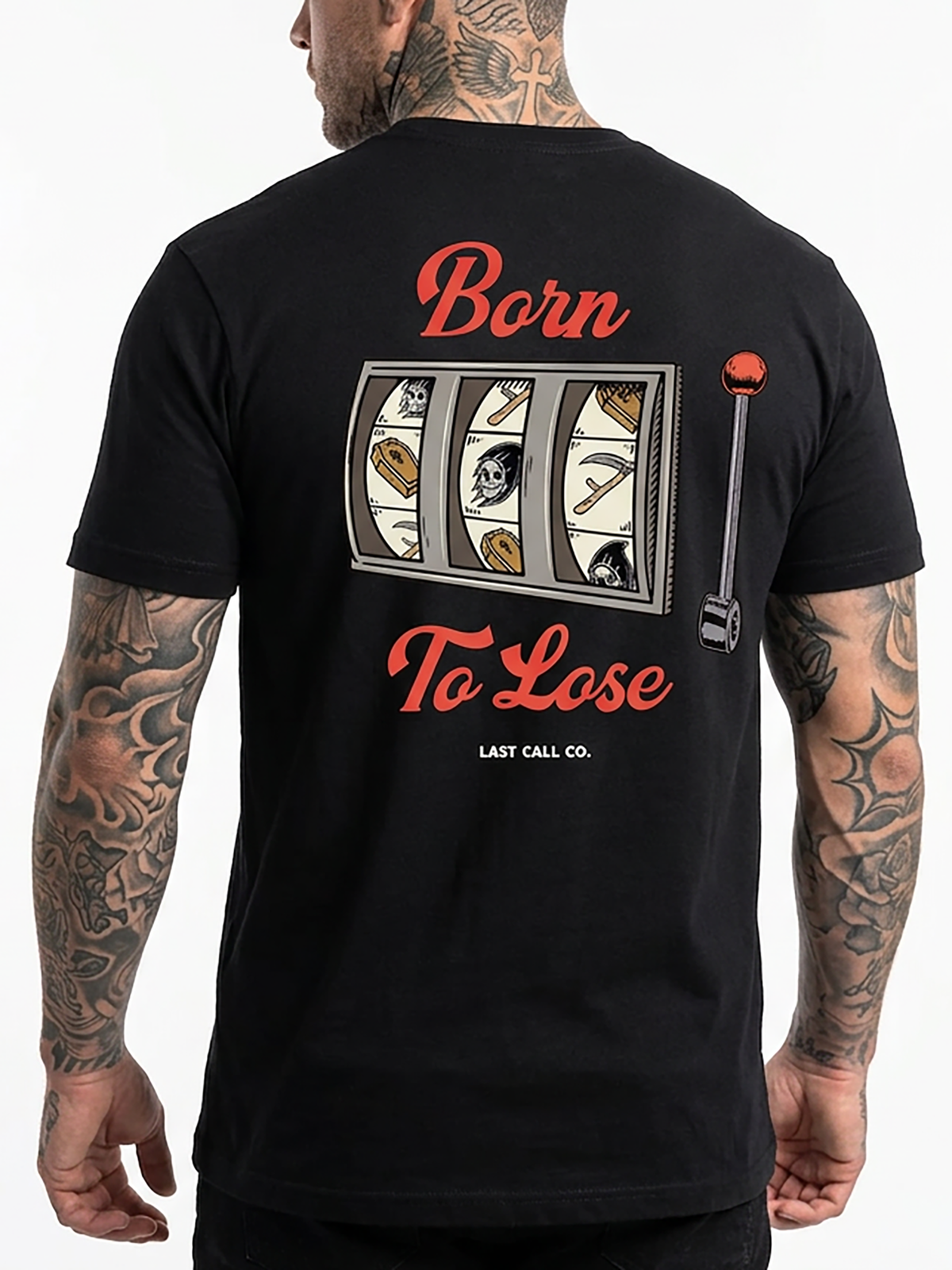 Last Call Co Born to Lose Graphic T-Shirt Black on-model back view featuring slot machine, coffin, and grim reaper Born to Lose back graphic
