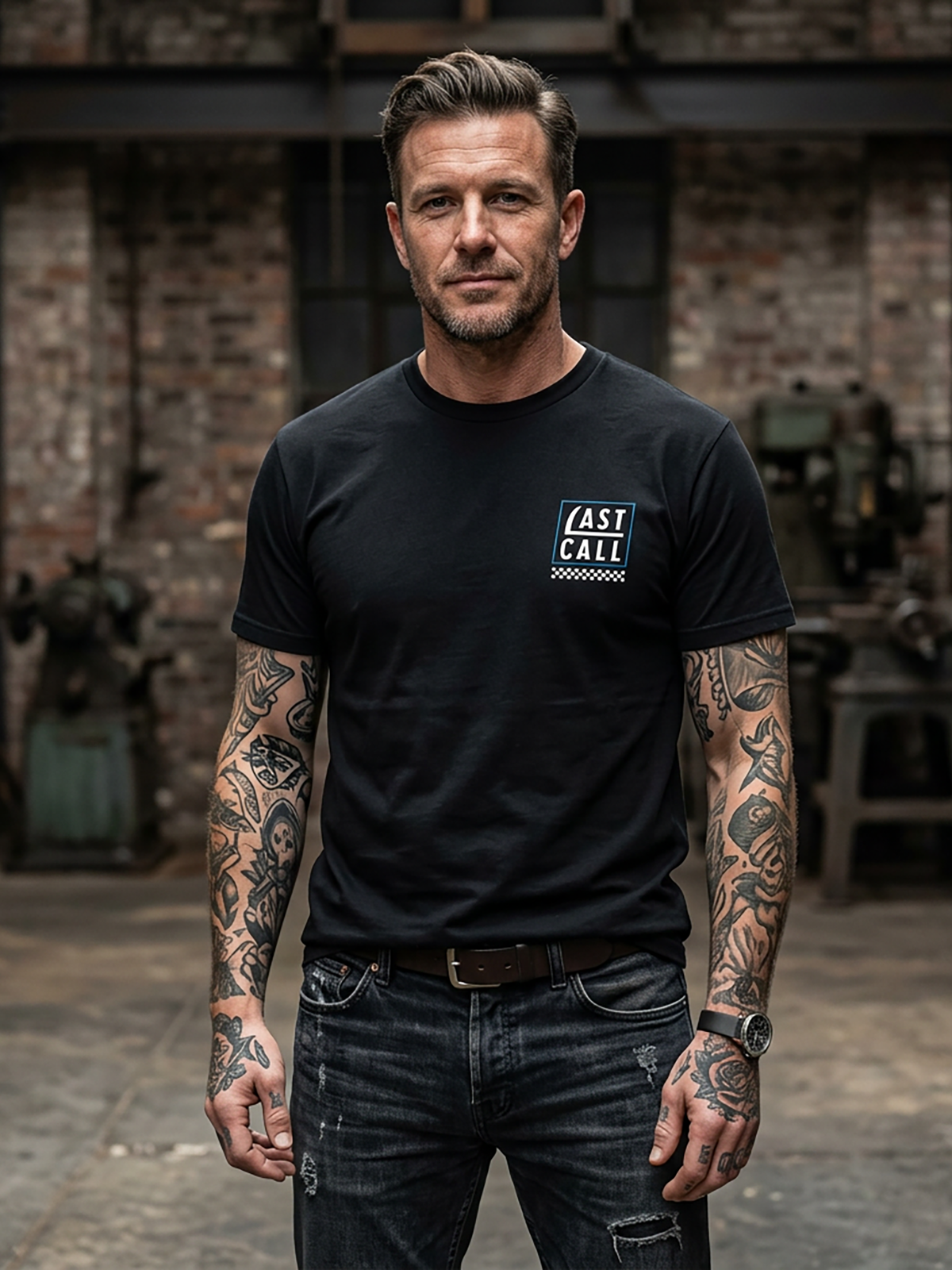 Last Call Co Brewsin' Graphic T-Shirt Black lifestyle front view showing the chest graphic