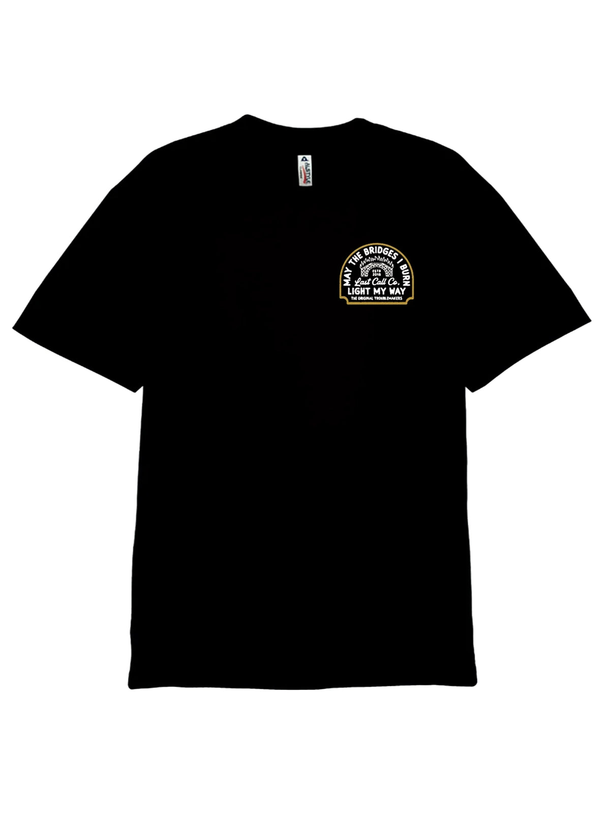 Last Call Co Burn Badge Graphic T-Shirt Black flat front view showing the chest graphic