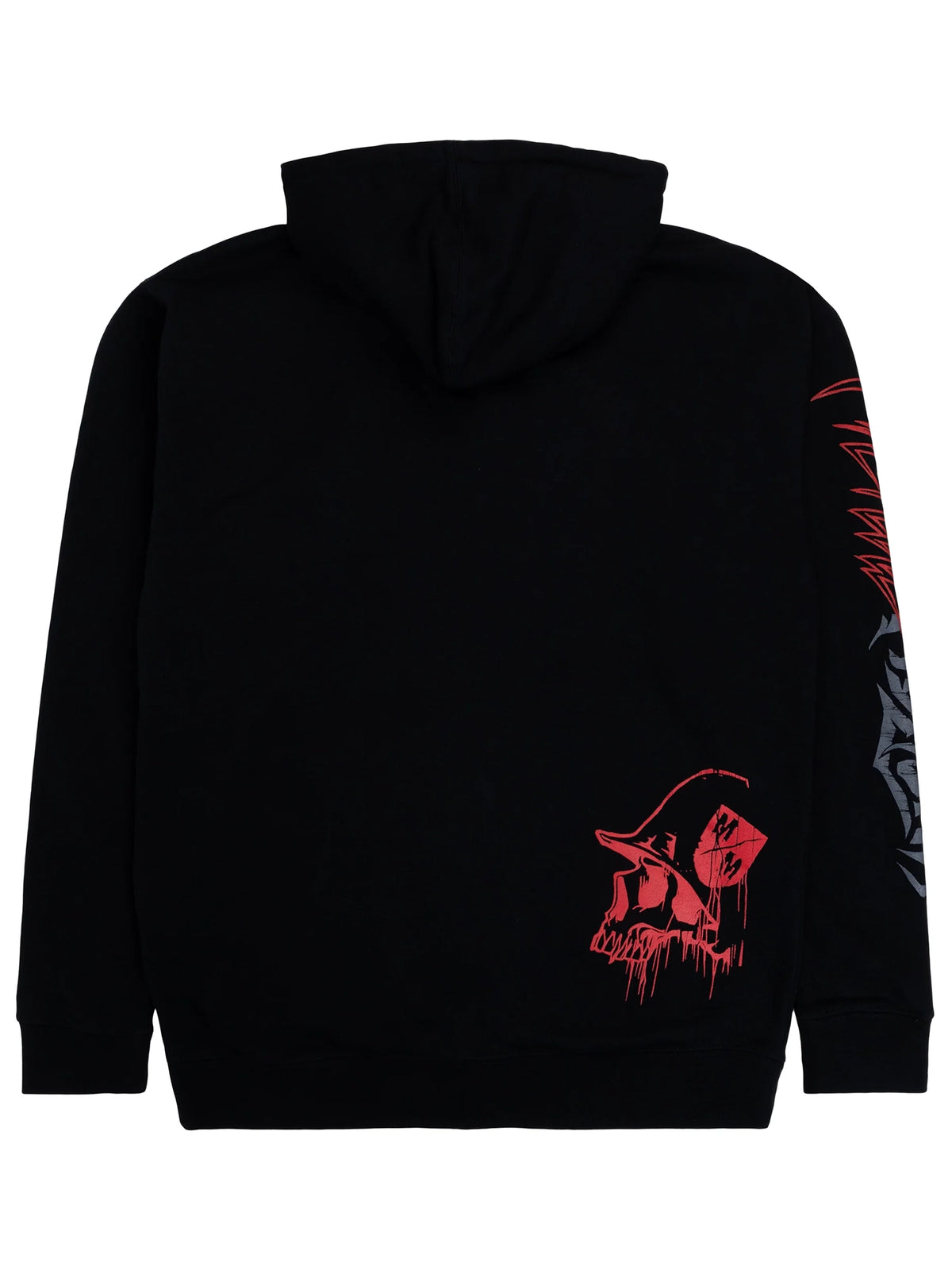 Back view of Metal Mulisha men's Clarify Heavy Zip Hoodie in black with red skull graphic and sleeve print