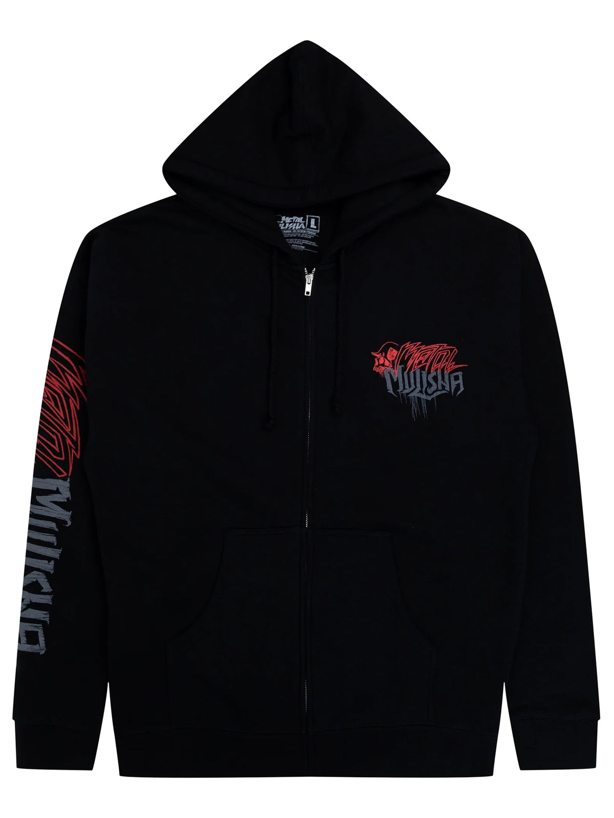 Front view of Metal Mulisha men's Clarify Heavy Zip Hoodie in black with red and gray chest and sleeve graphics