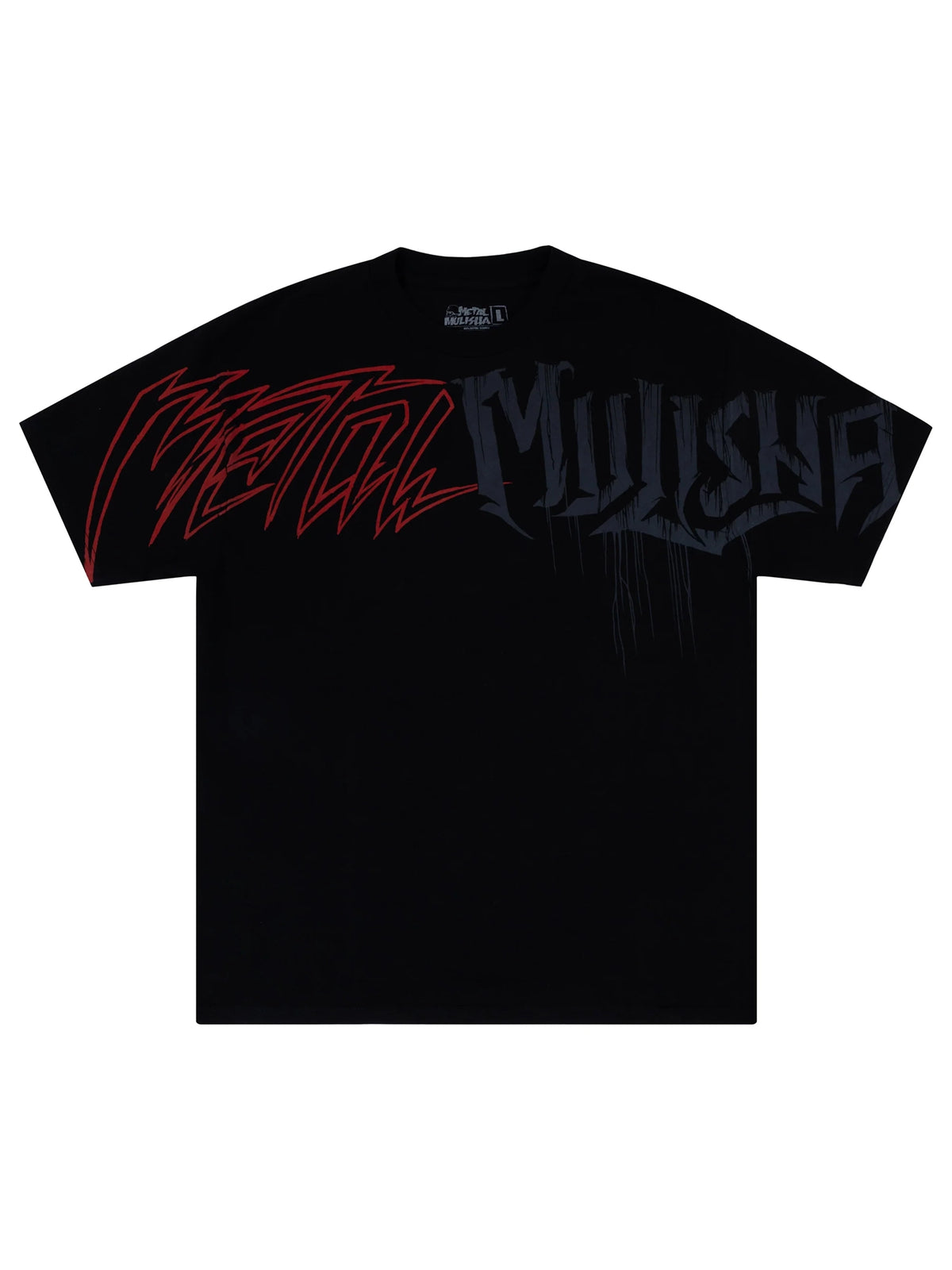 Metal Mulisha Clarify black graphic T-shirt front view with sleeves spread to show the sleeve graphics