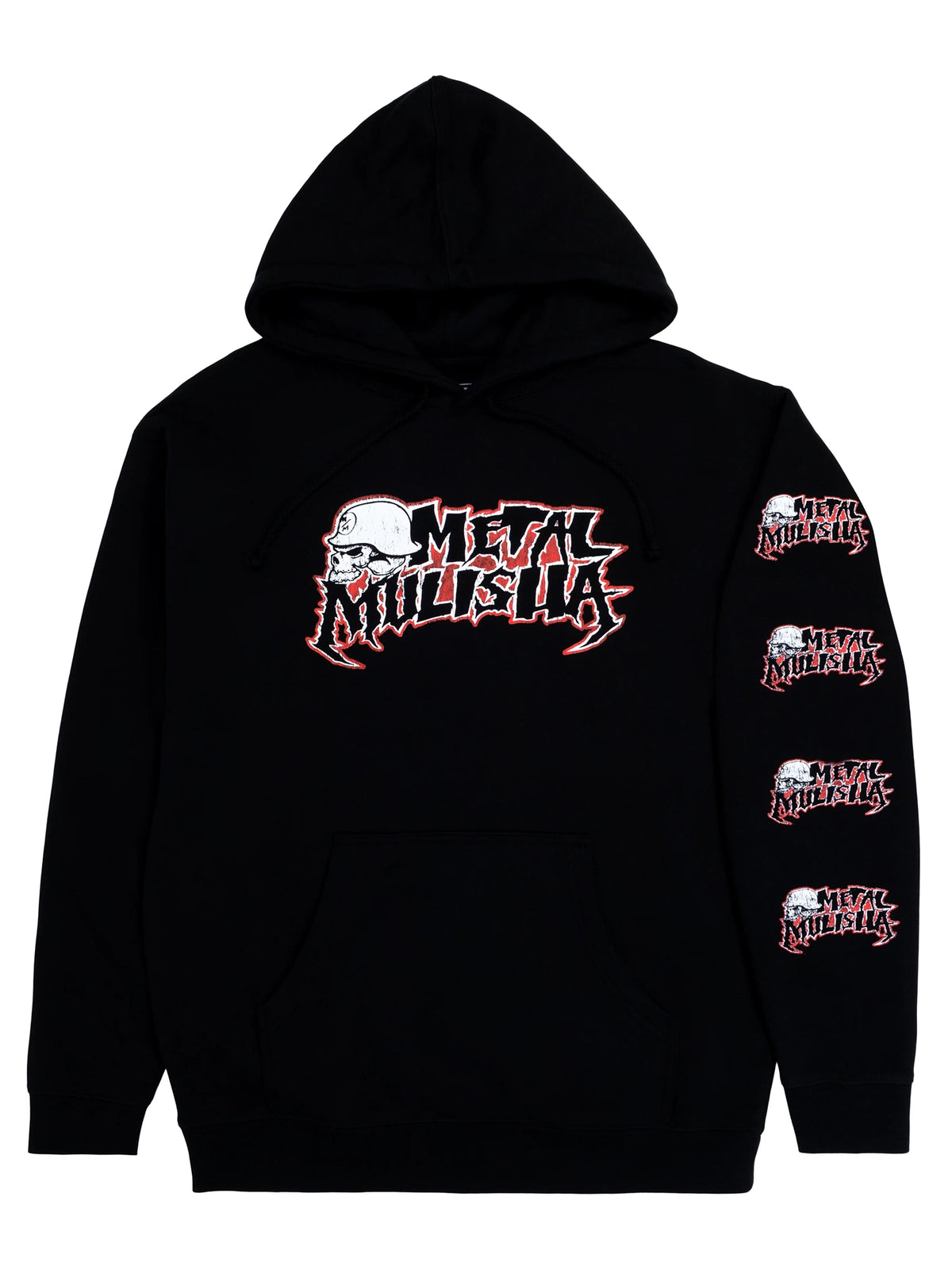 Metal Mulisha Corpo Fang black pullover hoodie, front view with sleeve spread to show four repeating Fang logos