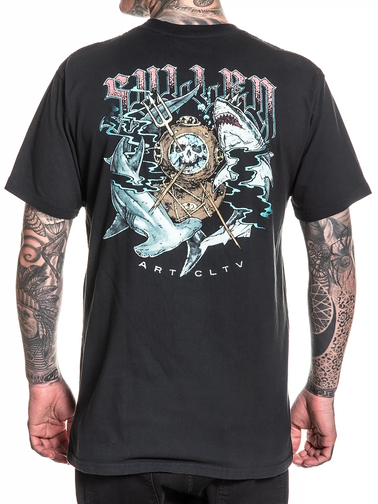 A man wearing a black short-sleeve t-shirt, viewed from the back. The shirt features a large graphic print with the word 'CULLEN' in stylized letters above a skull, anchor, trident, and shark design, with 'ART CLTV' printed below.