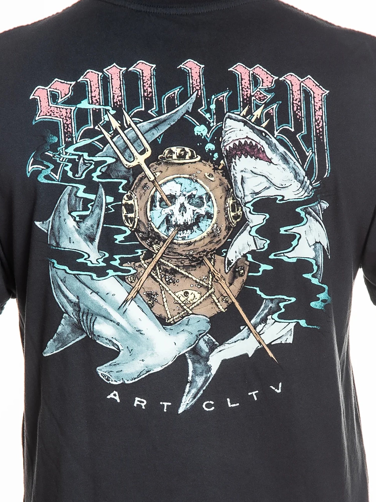 Close-up of a black graphic t-shirt featuring a large design with two sharks, a puffer helmet with a skull, a trident, and the text 'Sullen' and 'Art CLTV'.