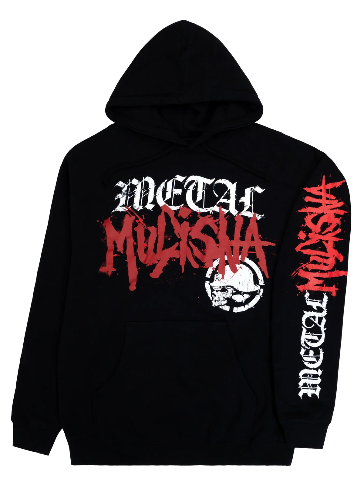 Metal Mulisha Defaced black pullover hoodie, angled front view showing red and white lettering along the left sleeve