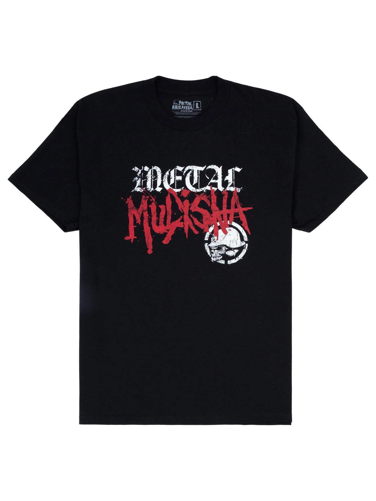 Metal Mulisha Defaced T-shirt in black, front view with white lettering, red graffiti-style logo and helmet skull graphic